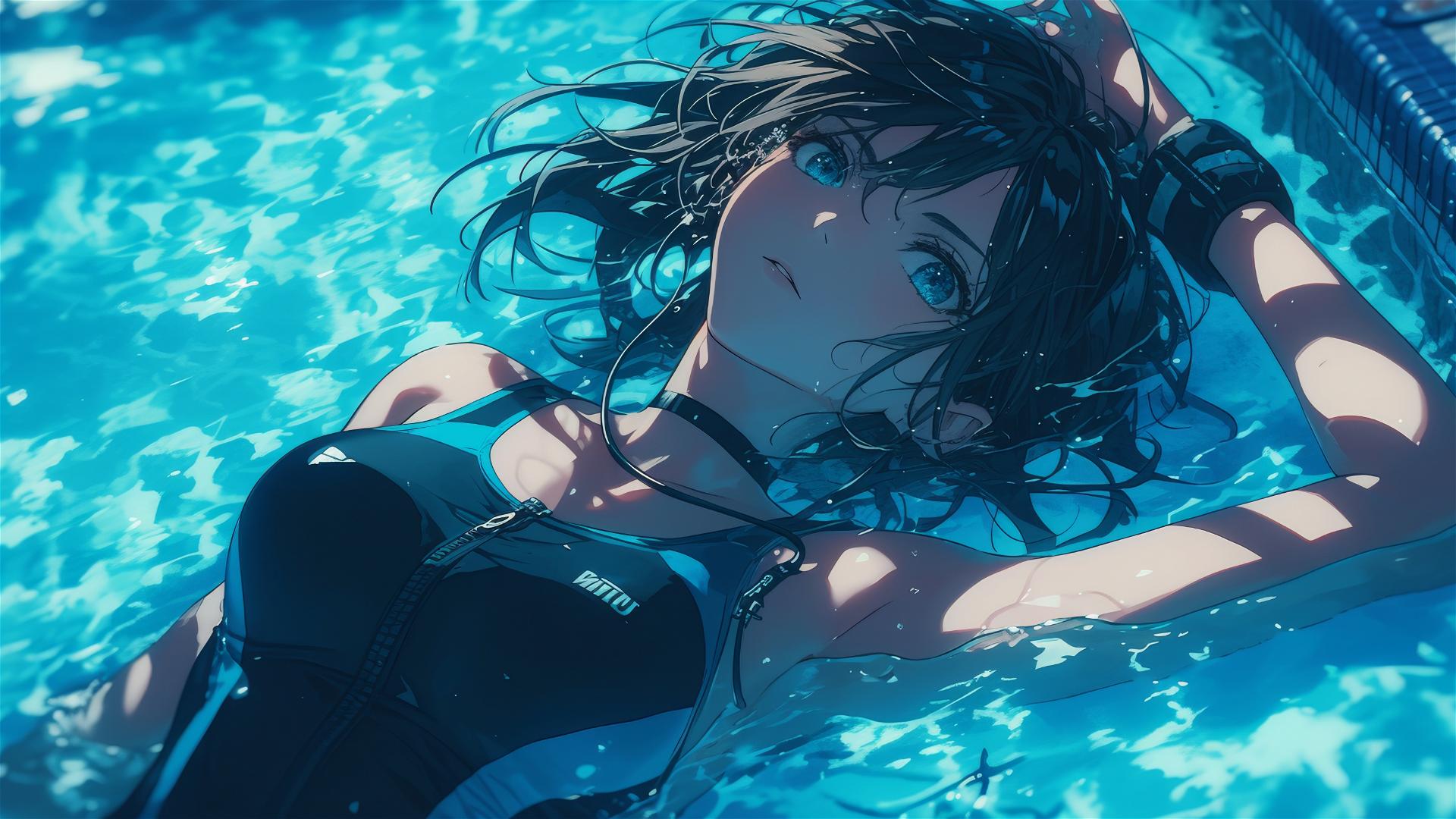 Mikasa Ackerman swimming under moonlight in a pool