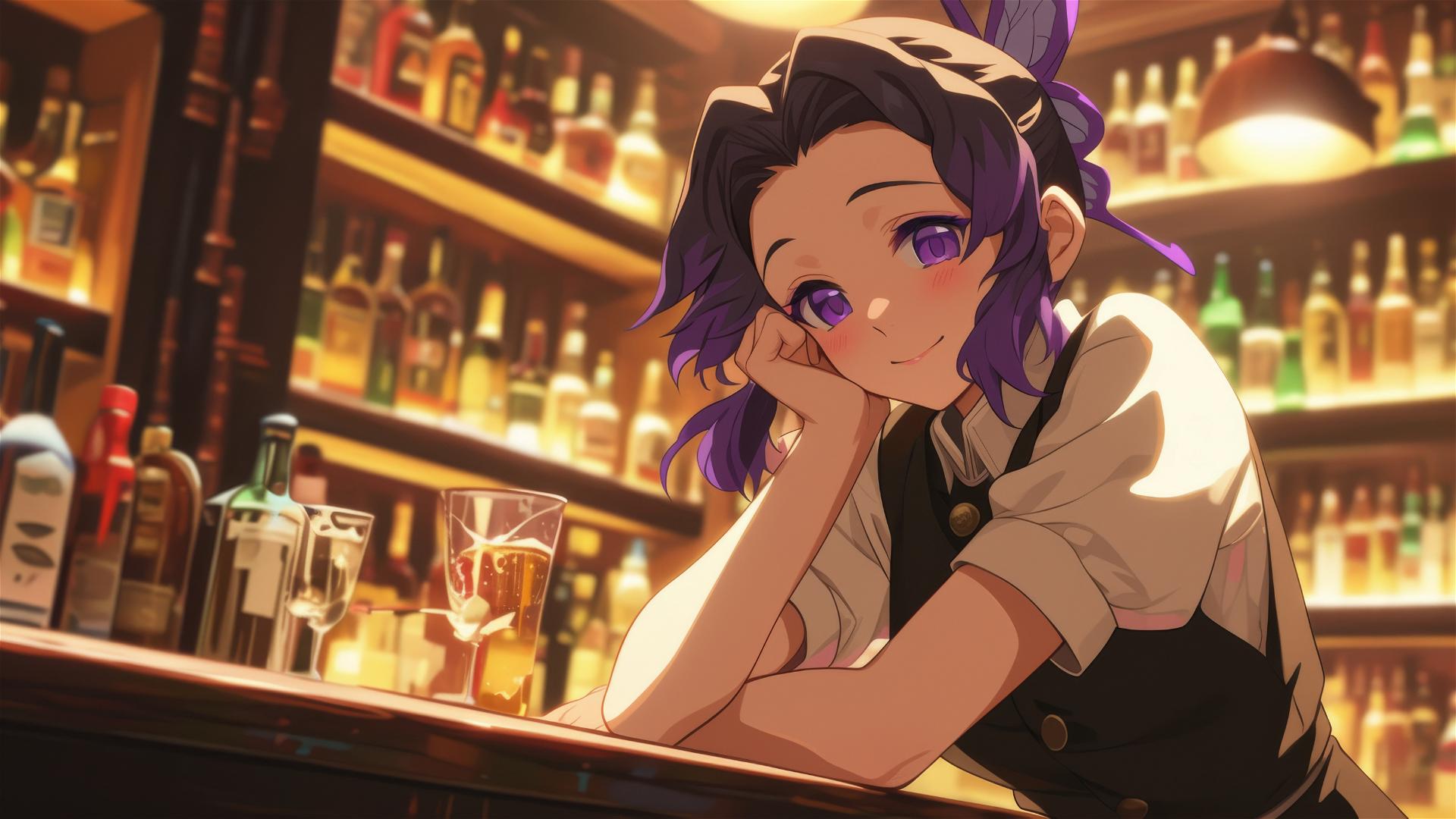 Shinobu Kocho from Demon Slayer sitting in a bar
