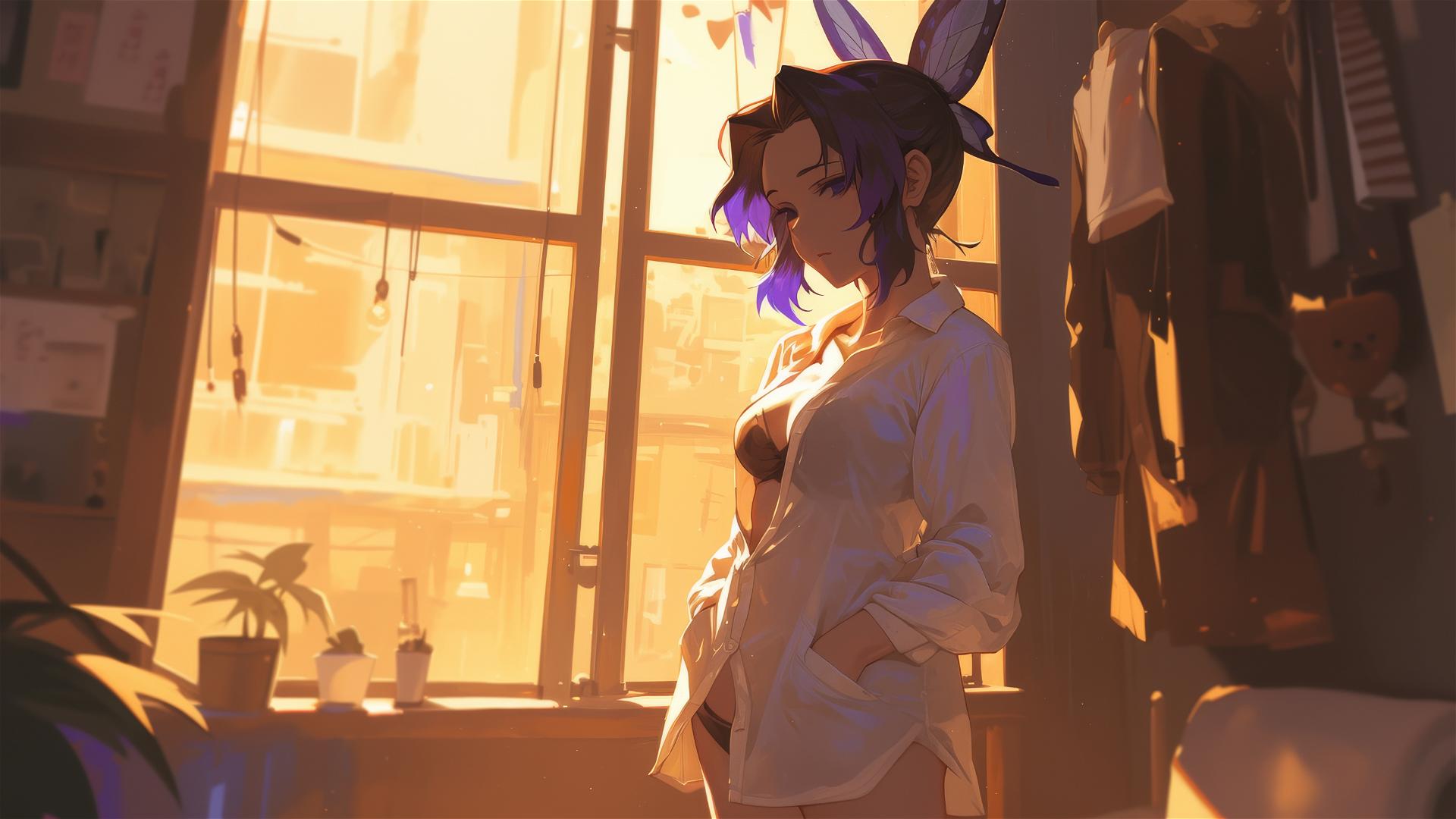 Shinobu Kocho from Demon Slayer in silk pajamas at sunrise
