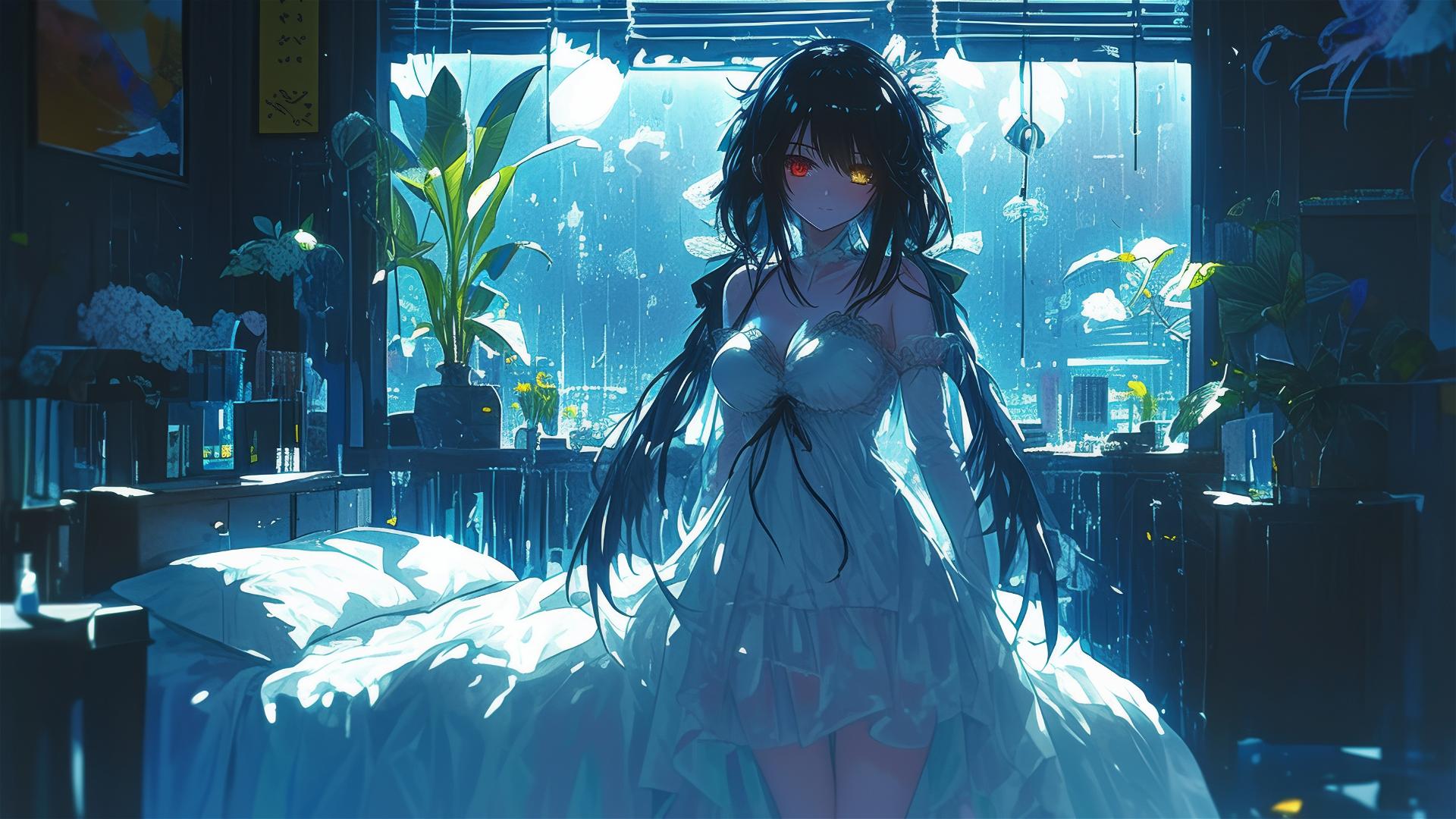 Kurumi Tokisaki in bedroom with moonlight on her, white dress, red right eye, yellow left eye