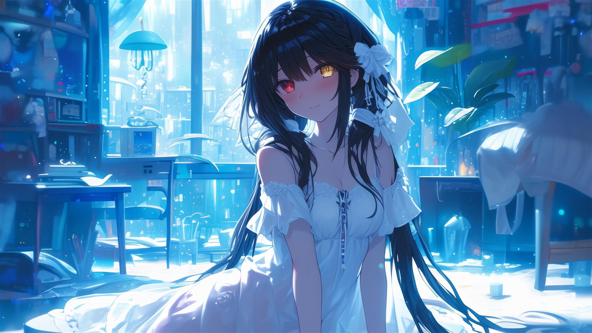 Kurumi Tokisaki in white, moonlit apartment, red and yellow eyes