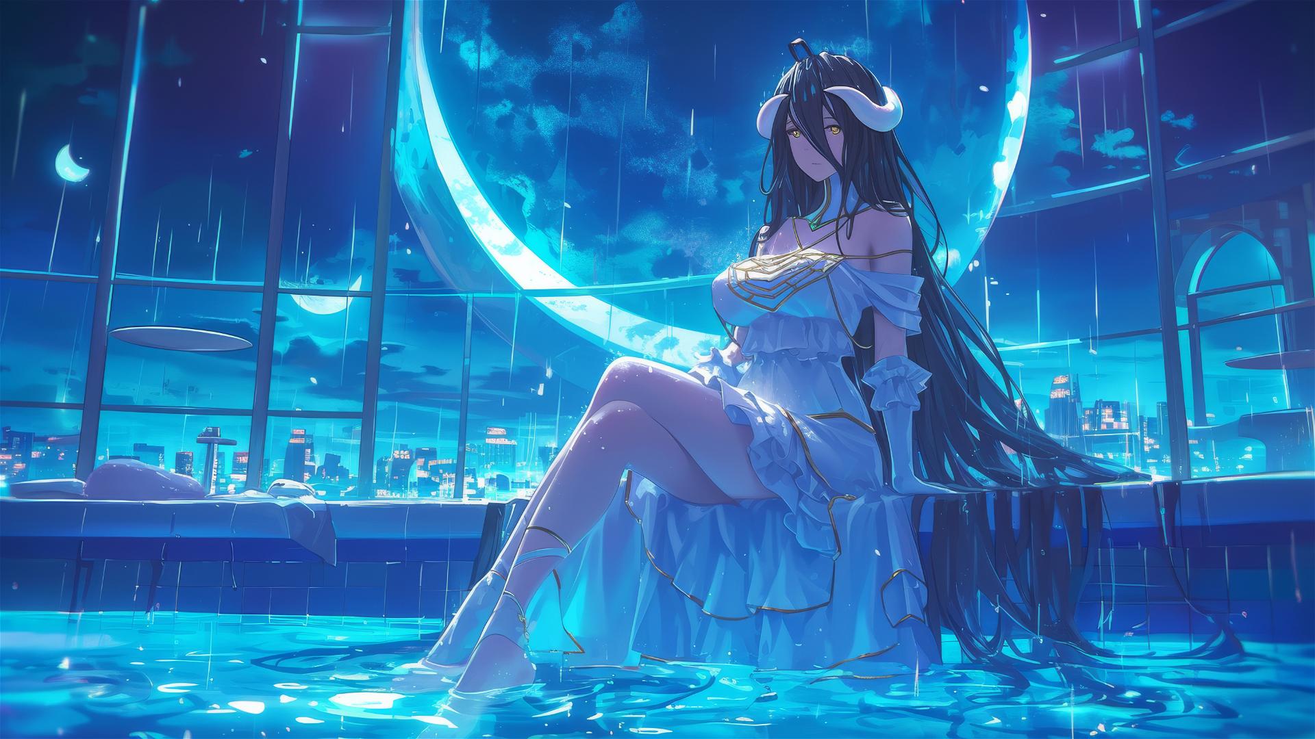 Albedo in white bunny costume by moonlit pool on rainy day