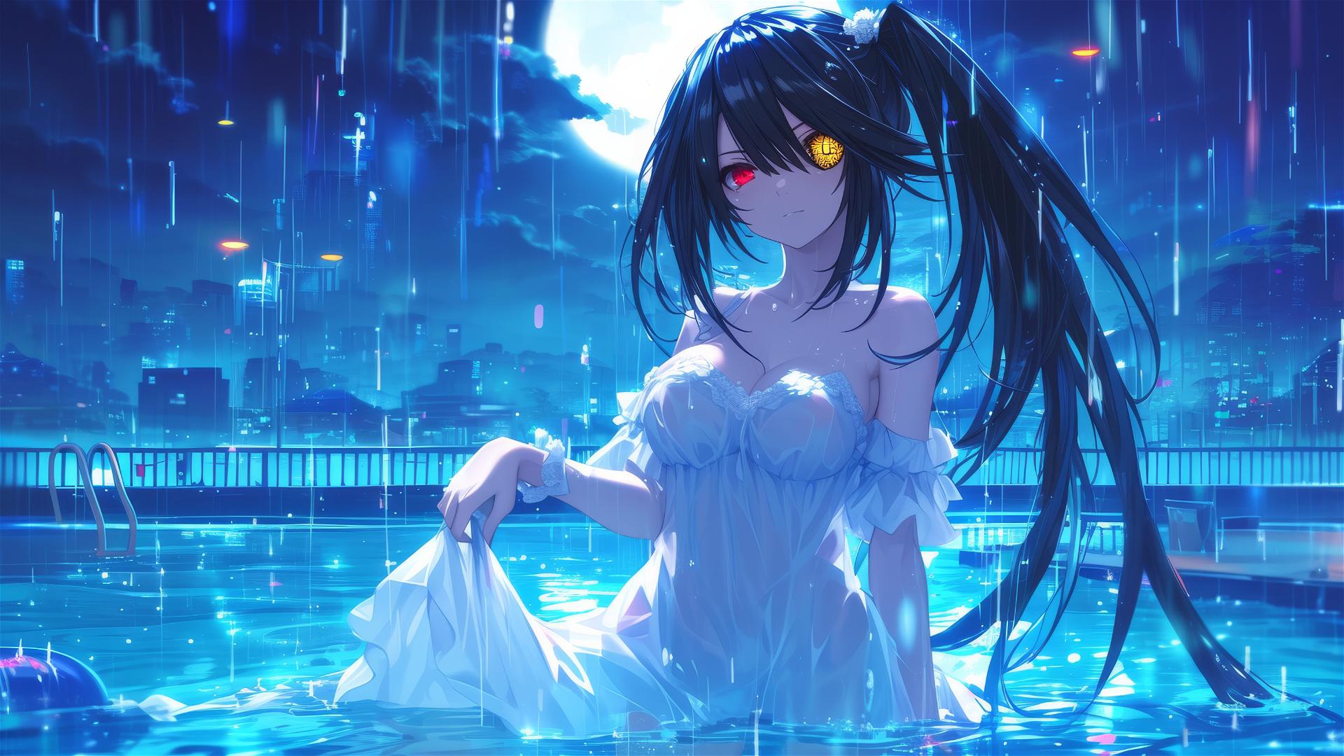 Kurumi Tokisaki, Date A Live, rainy pool, moon glow