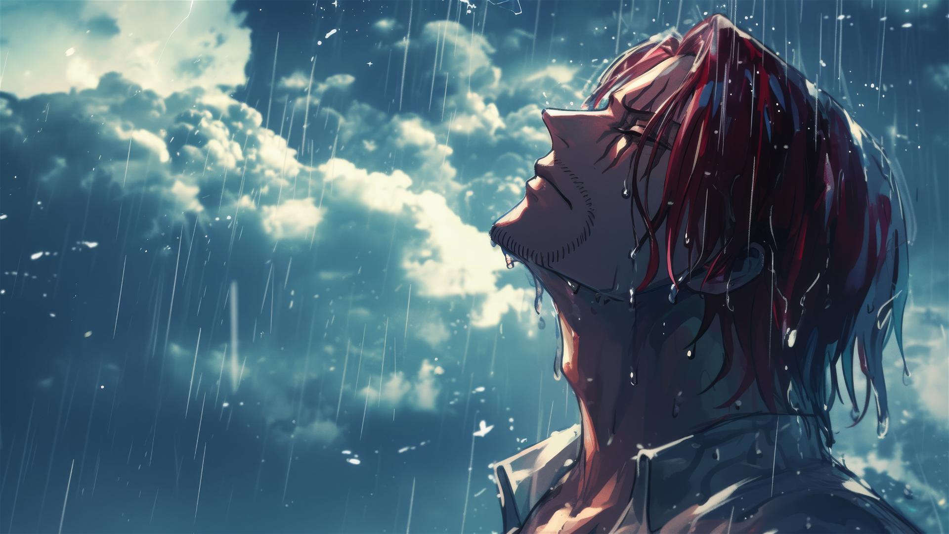 Shanks from One Piece standing in rain looking at stormy sky