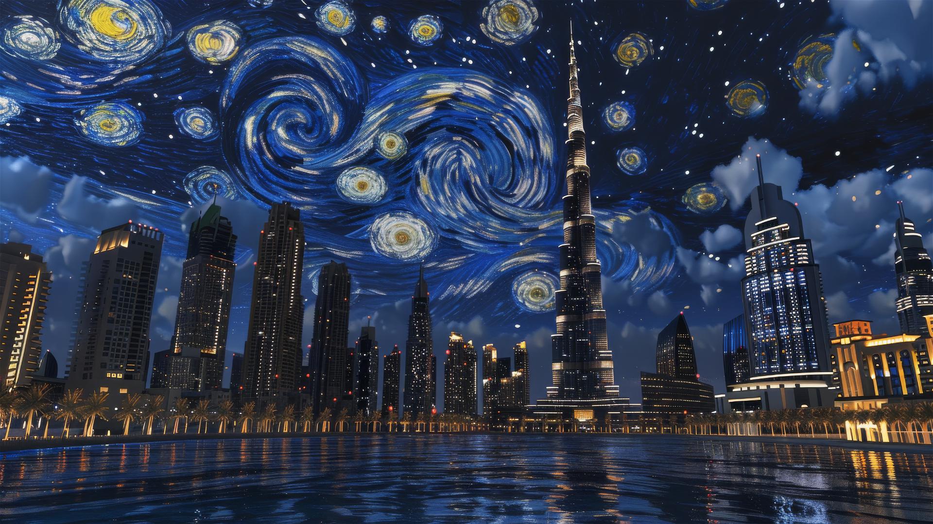 Burj Khalifa and city lights at night in van Gogh's Starry Night style