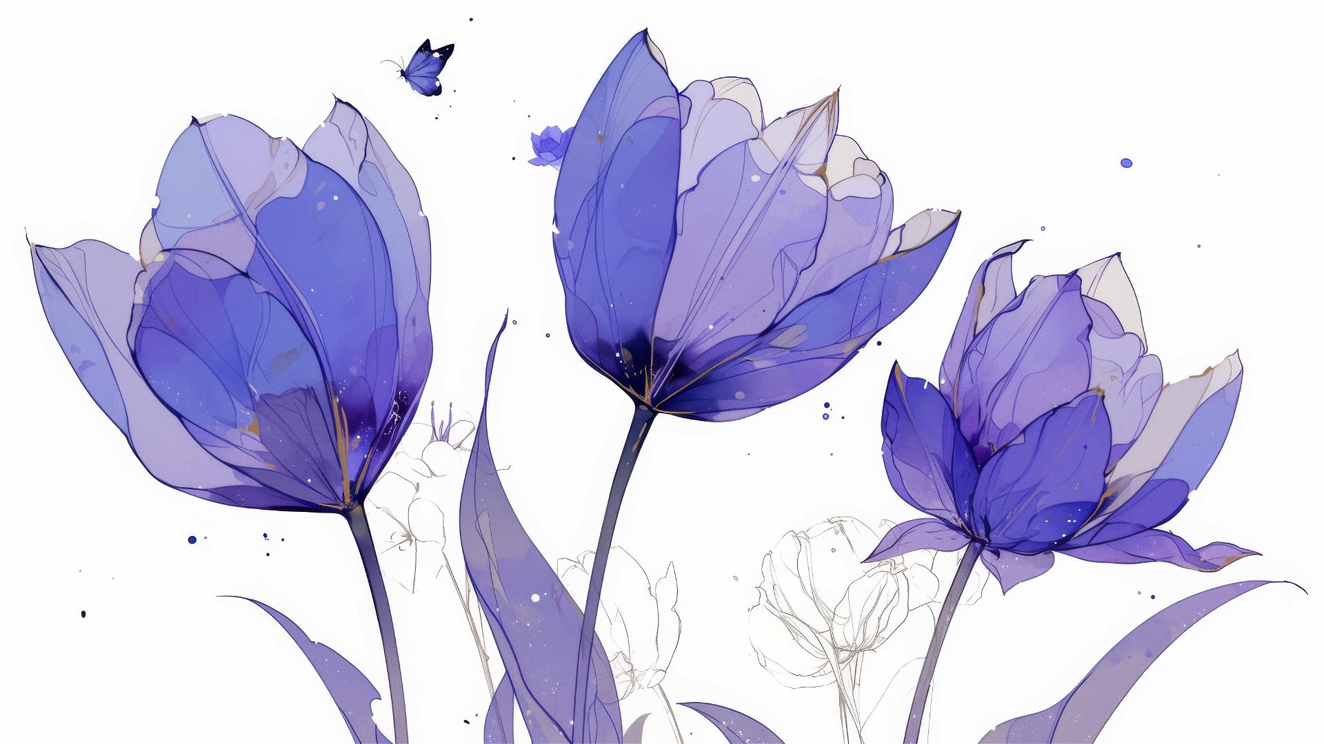 Line-art purple tulips and butterfly on white