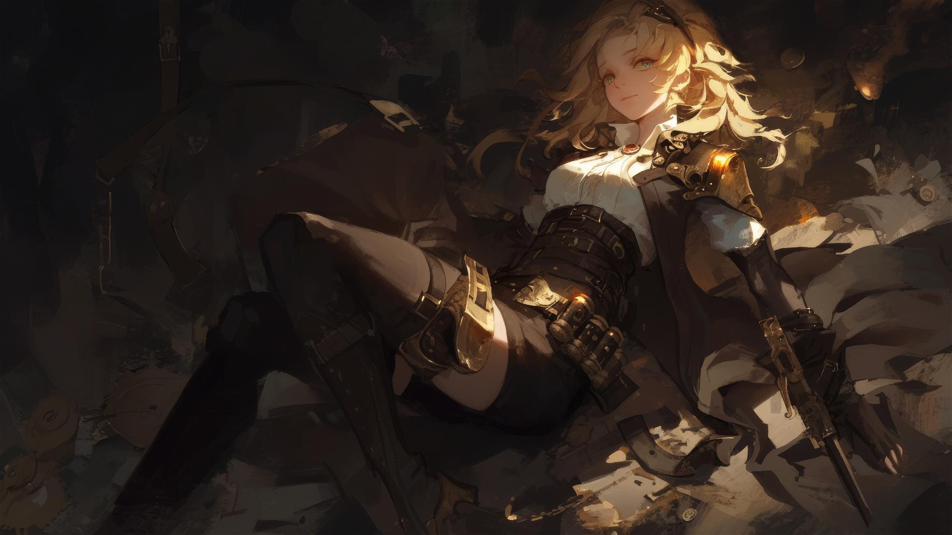 Steampunk Adventurer Girl in dynamic pose with thigh focus on dark background