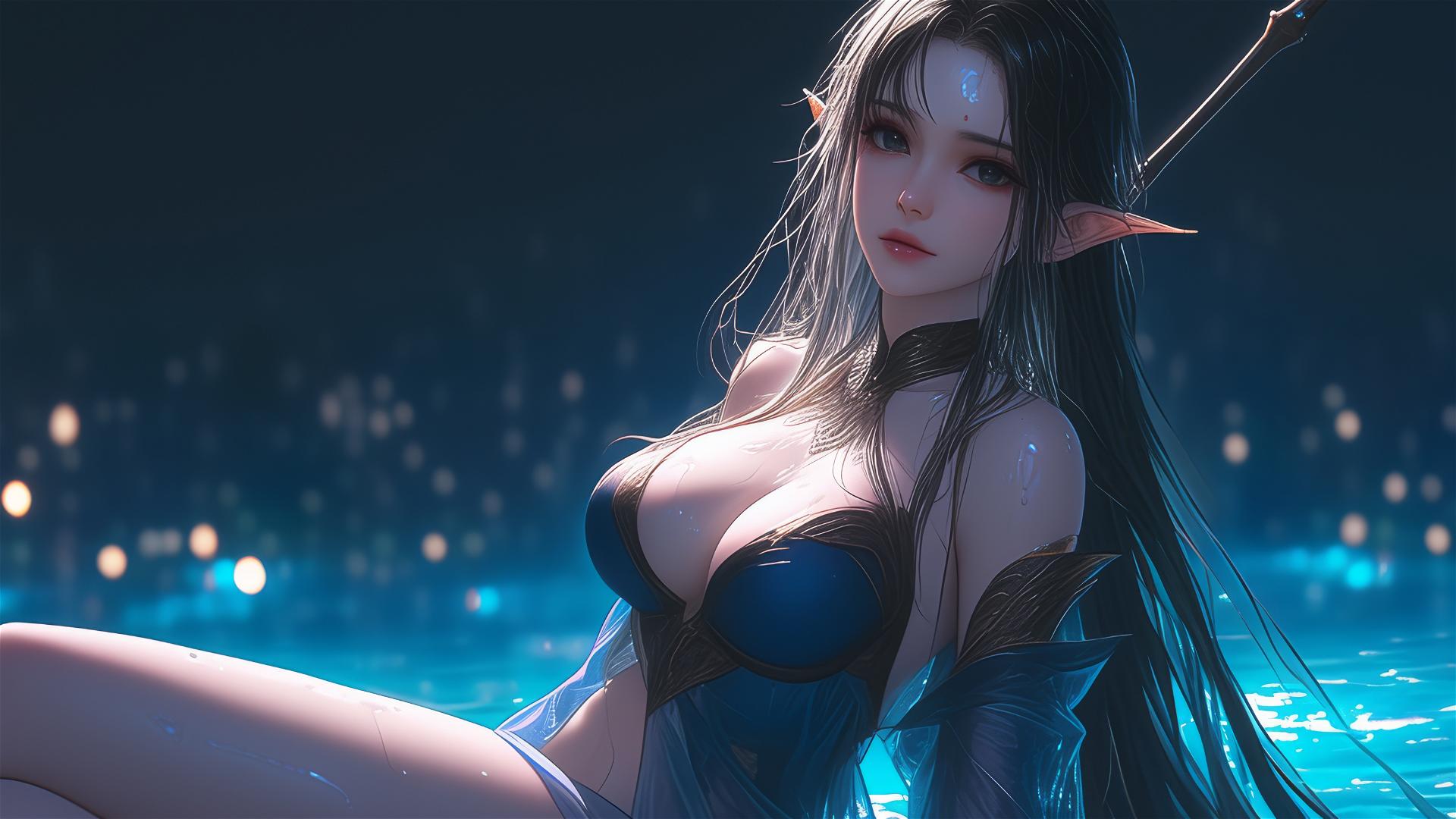 Fantasy Elf girl resting by rainy pool with moonlight glow