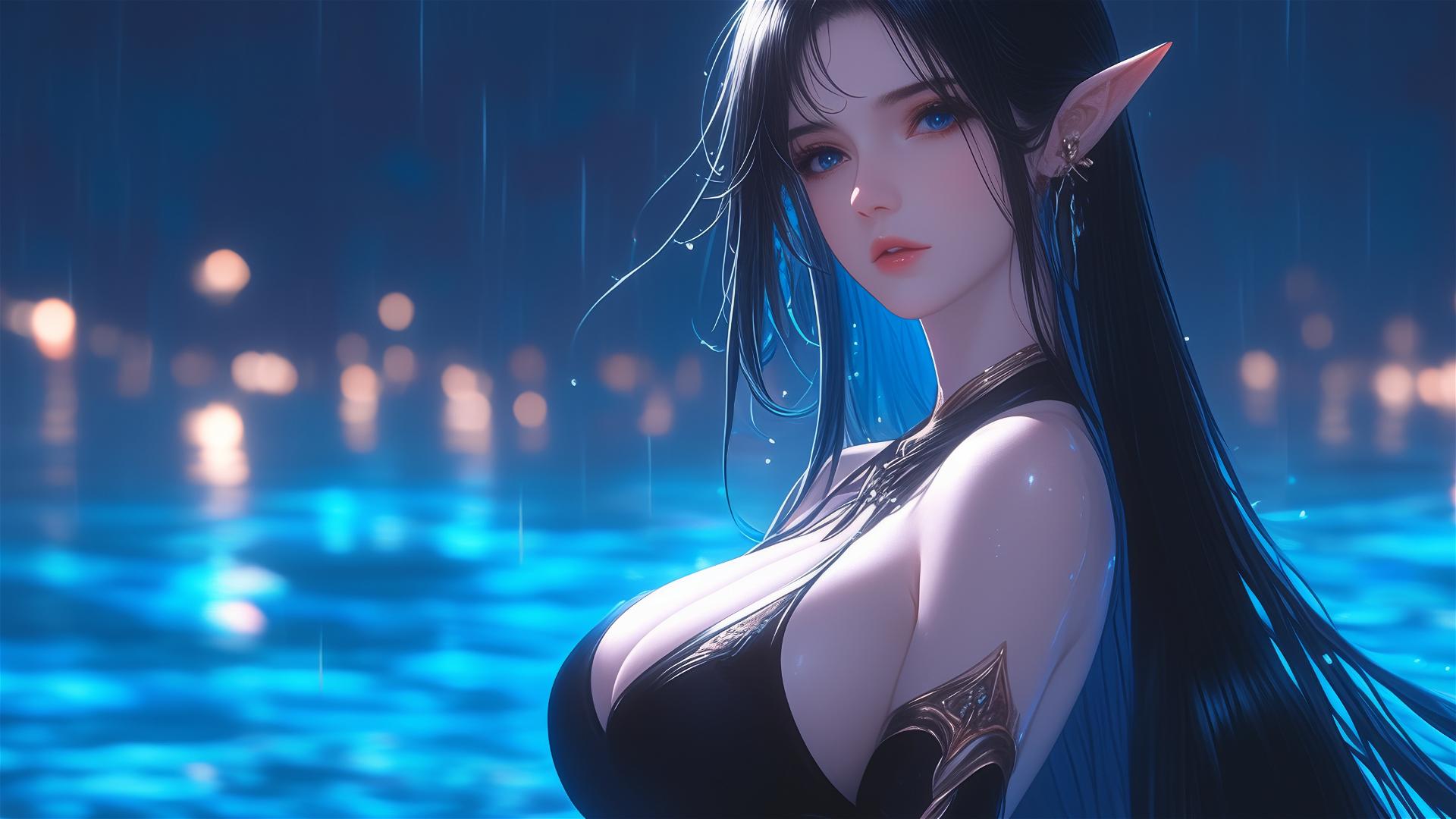 Fantasy Elf girl resting by a pool in moonlit rain