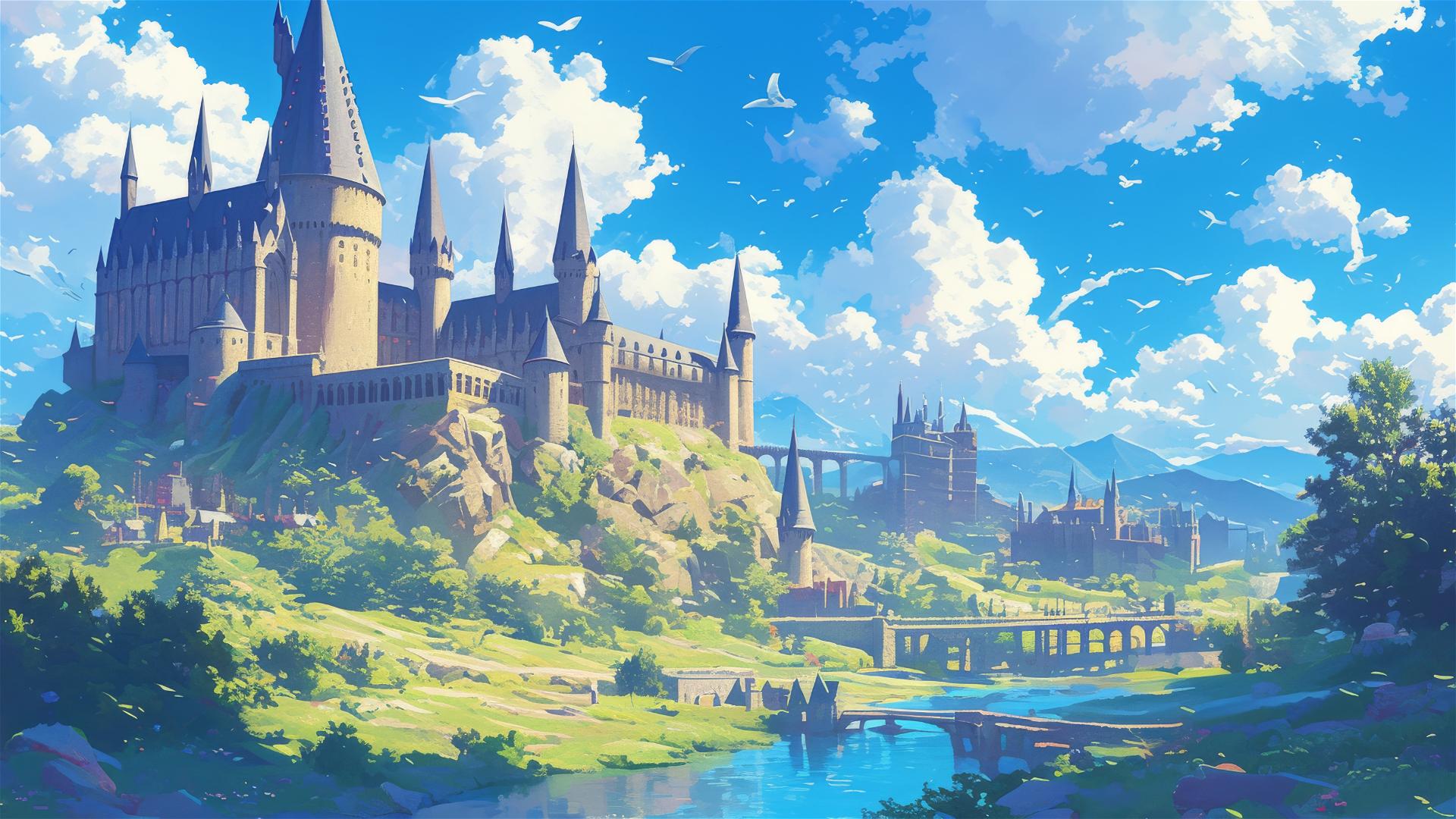 Ghibli-inspired Hogwarts illustration
