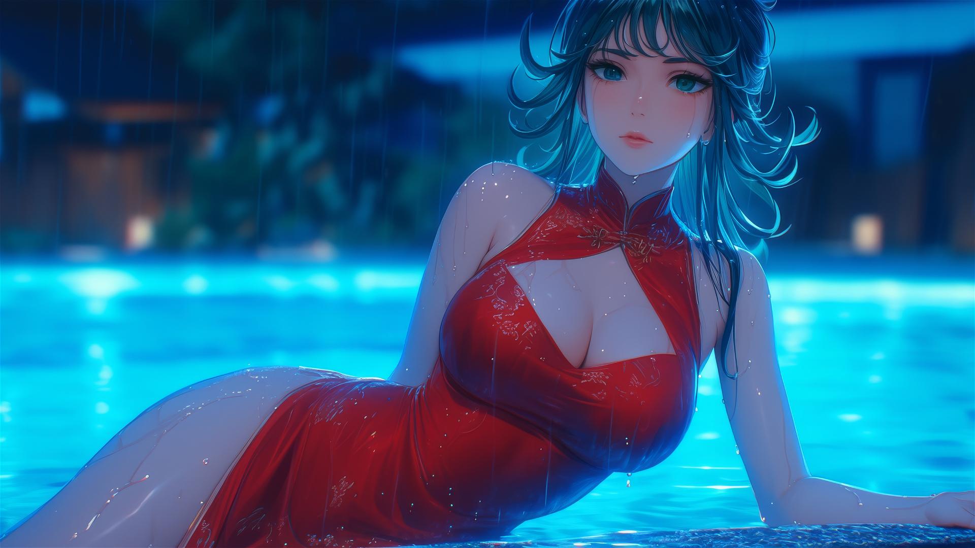 Tatsumaki from One-Punch Man resting by the pool under moonlight in a red dress, rainy ambiance