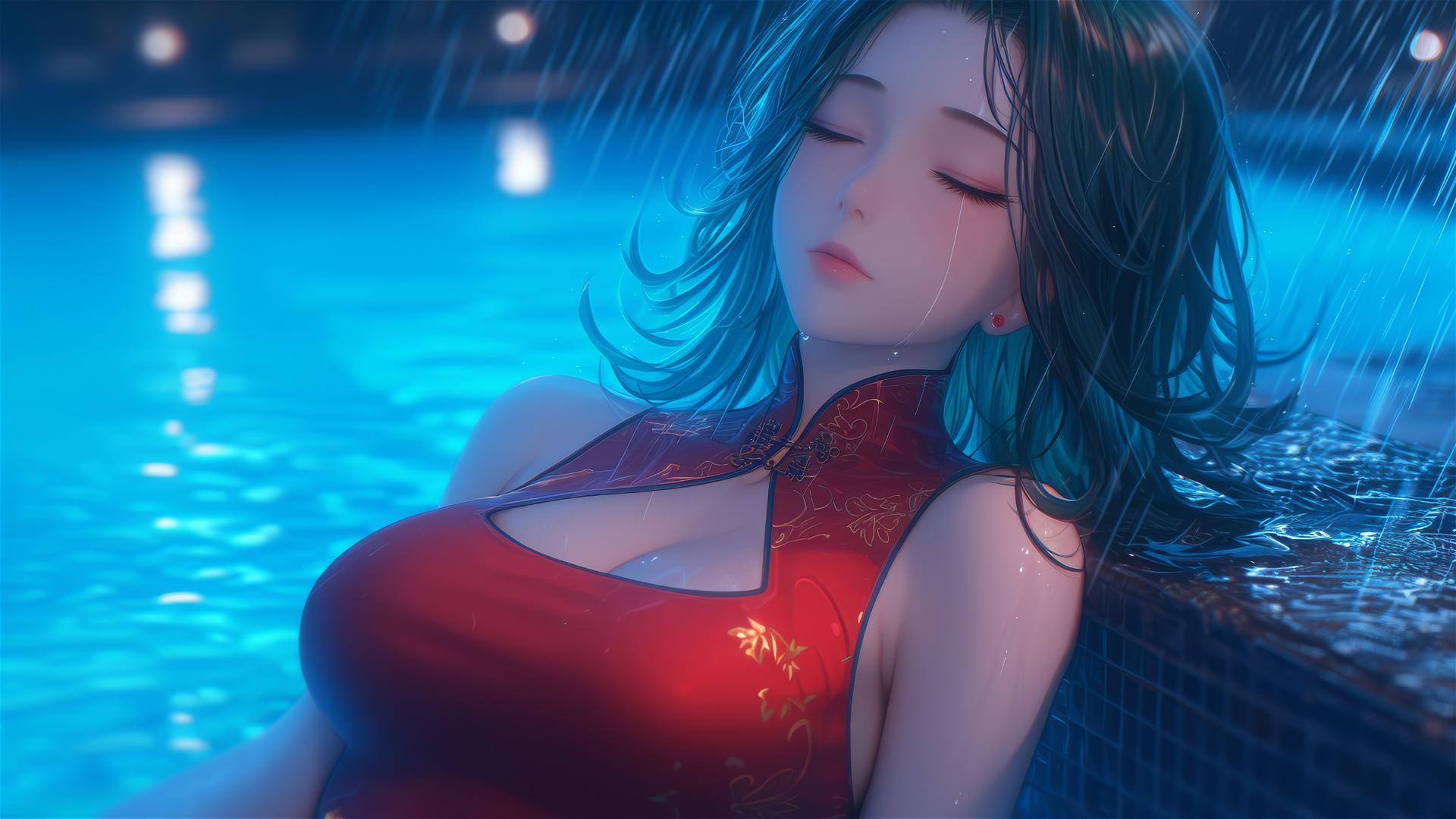 Tatsumaki from One-Punch Man resting by pool under moonlight in the rain, red dress