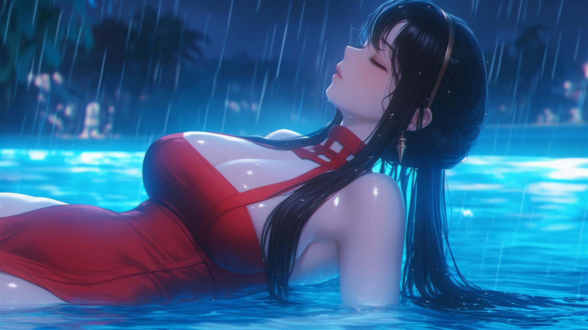 Yor Forger from Spy x Family by the pool in red pajamas at night with moonlight and rain