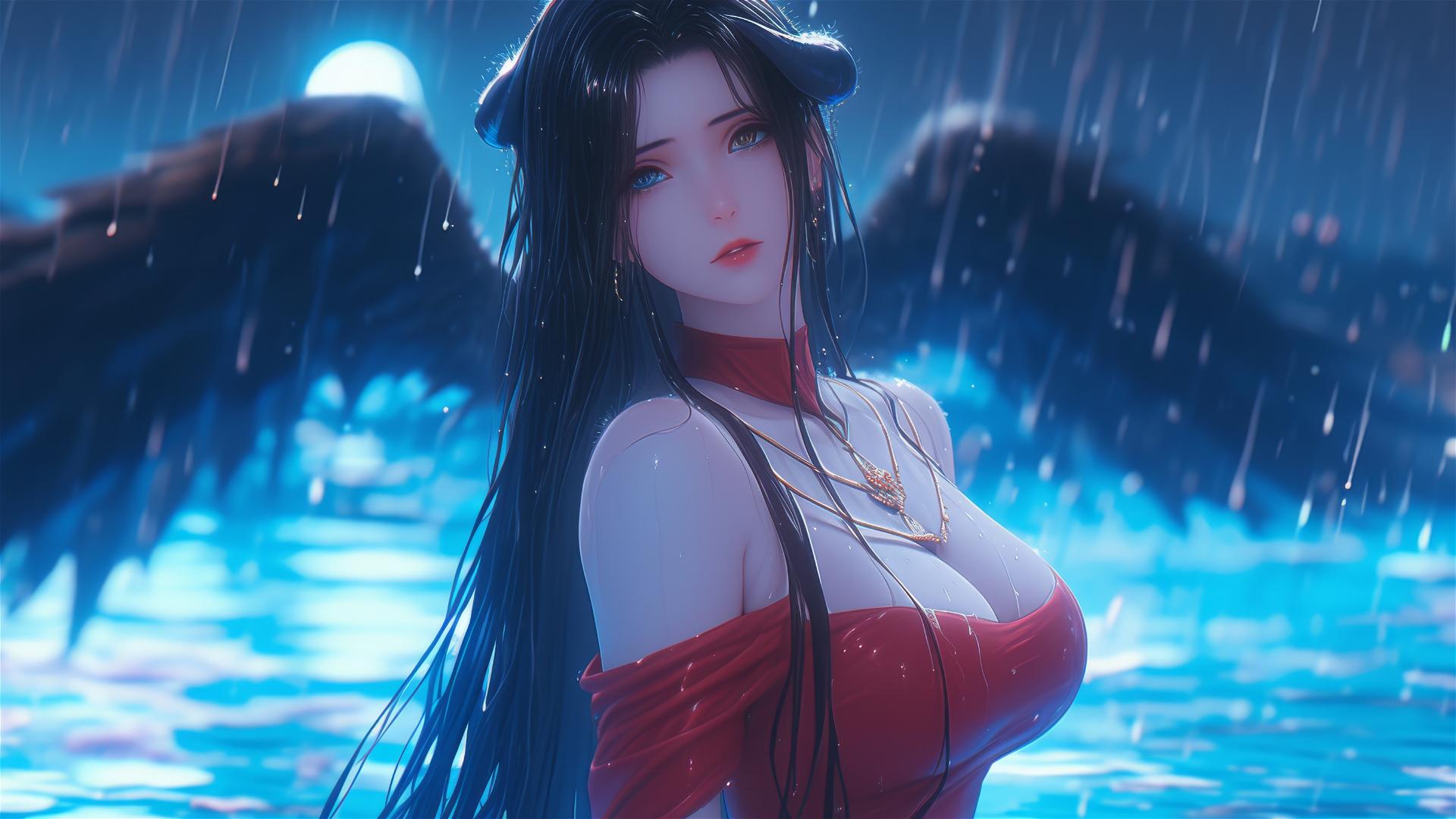 Albedo from Overlord in a red dress standing in a rainy pool with moonlight