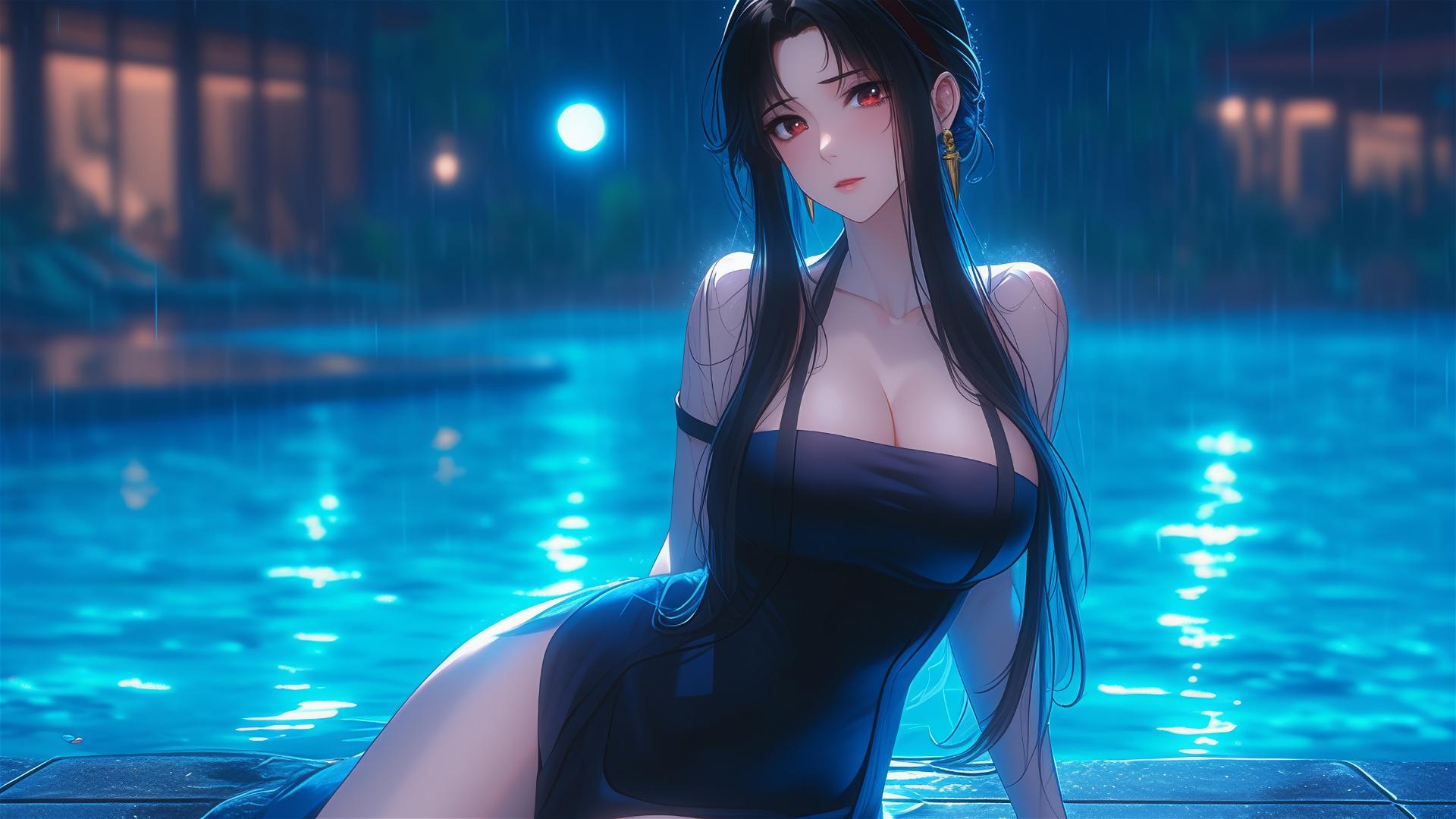 Yor Forger by pool in rain with moon glow, wearing only an apron