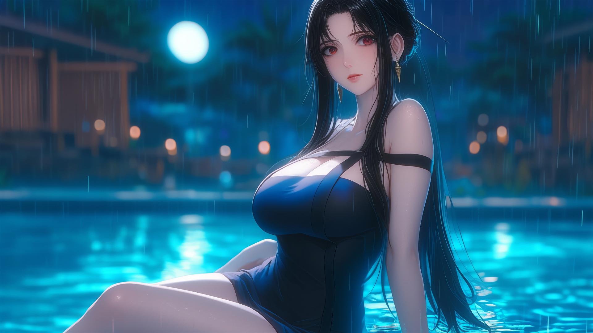 Yor Forger in apron by pool under moonlit rain