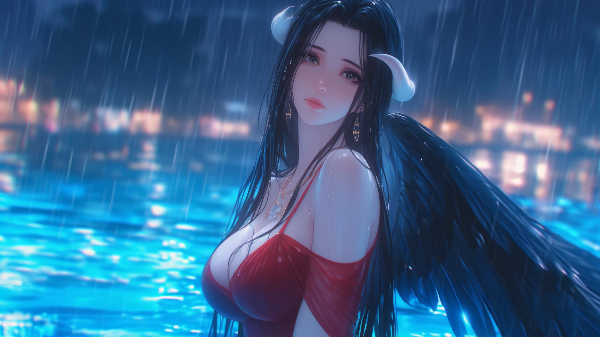 Albedo from Overlord standing in a pool under moonlight, rain falling, in a red dress.