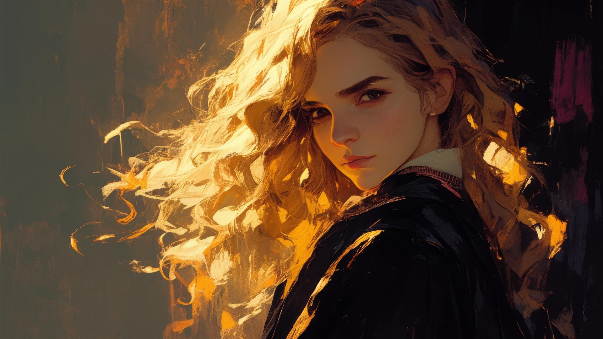 Artistic drawing of Hermione Granger with spotlight effect on a dark background