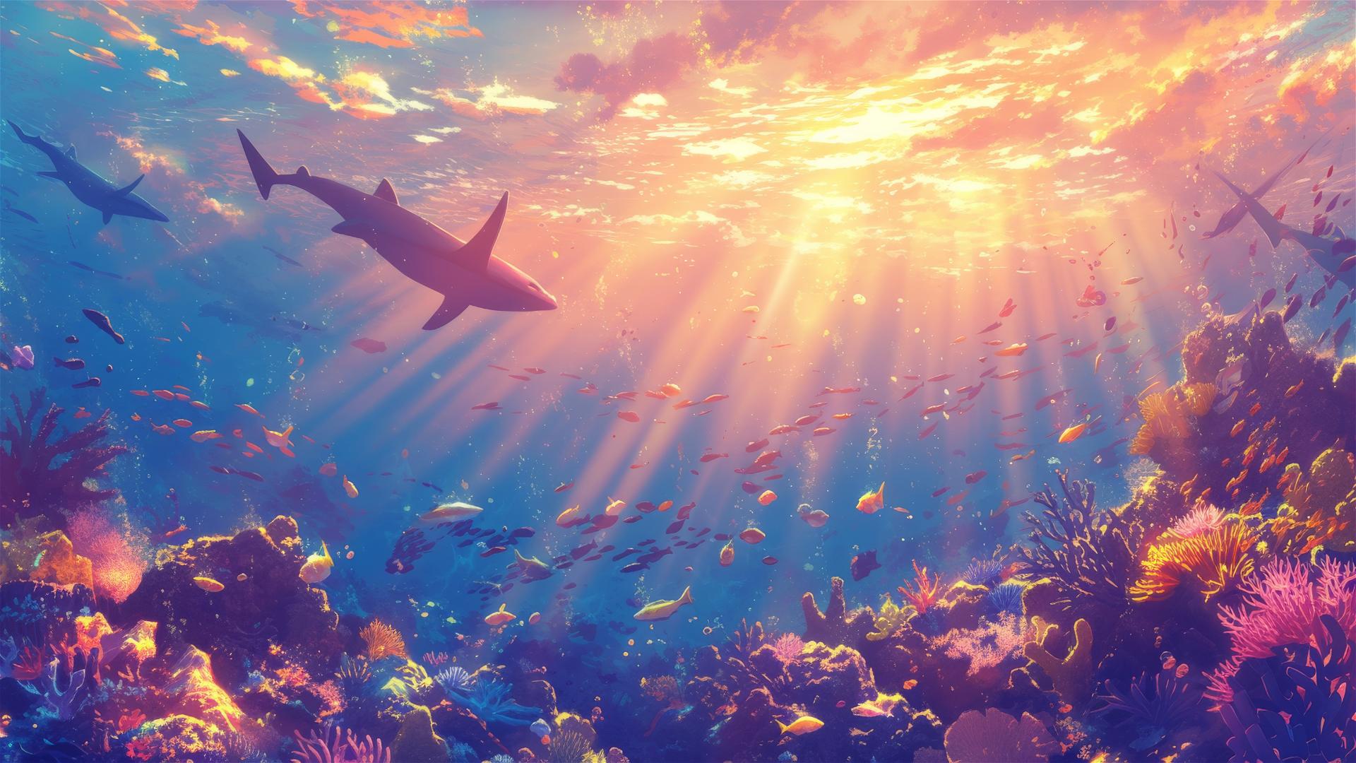 Sunset with light rays over a coral reef and vibrant marine life