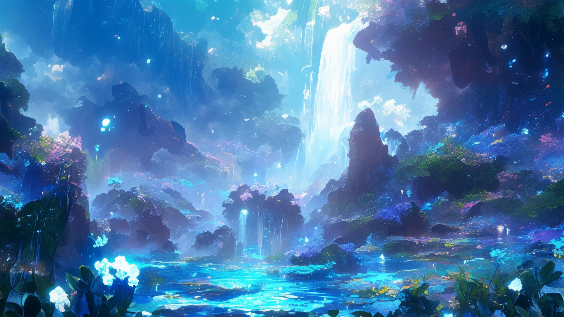Ethereal waterfall with glowing flowers and misty ambiance
