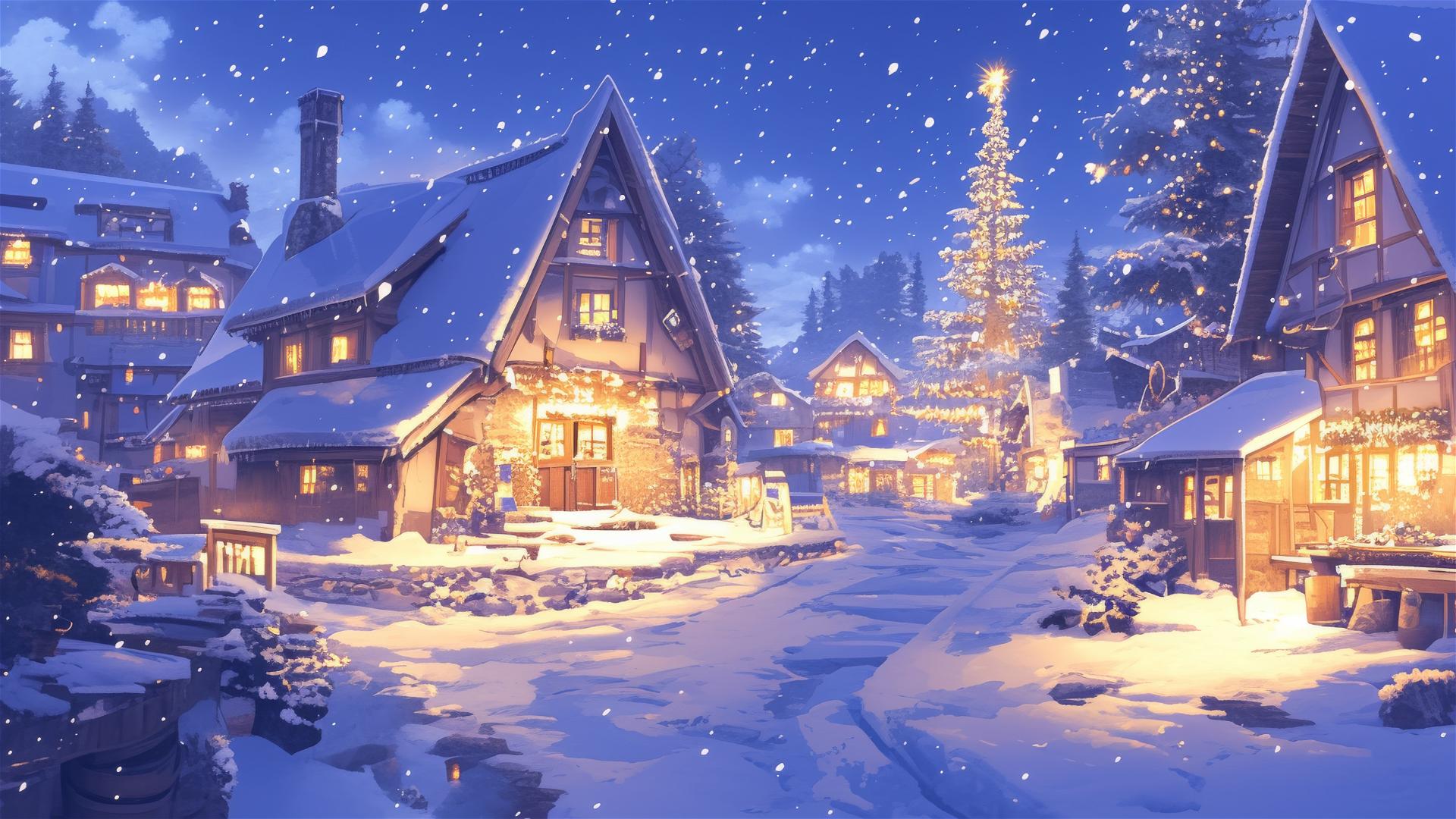 Snowy village night scene with twinkling lights and falling snow