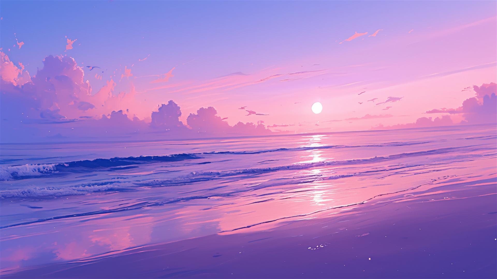 Dreamy beach at twilight with soft pink and purple sky, reflecting moonlight