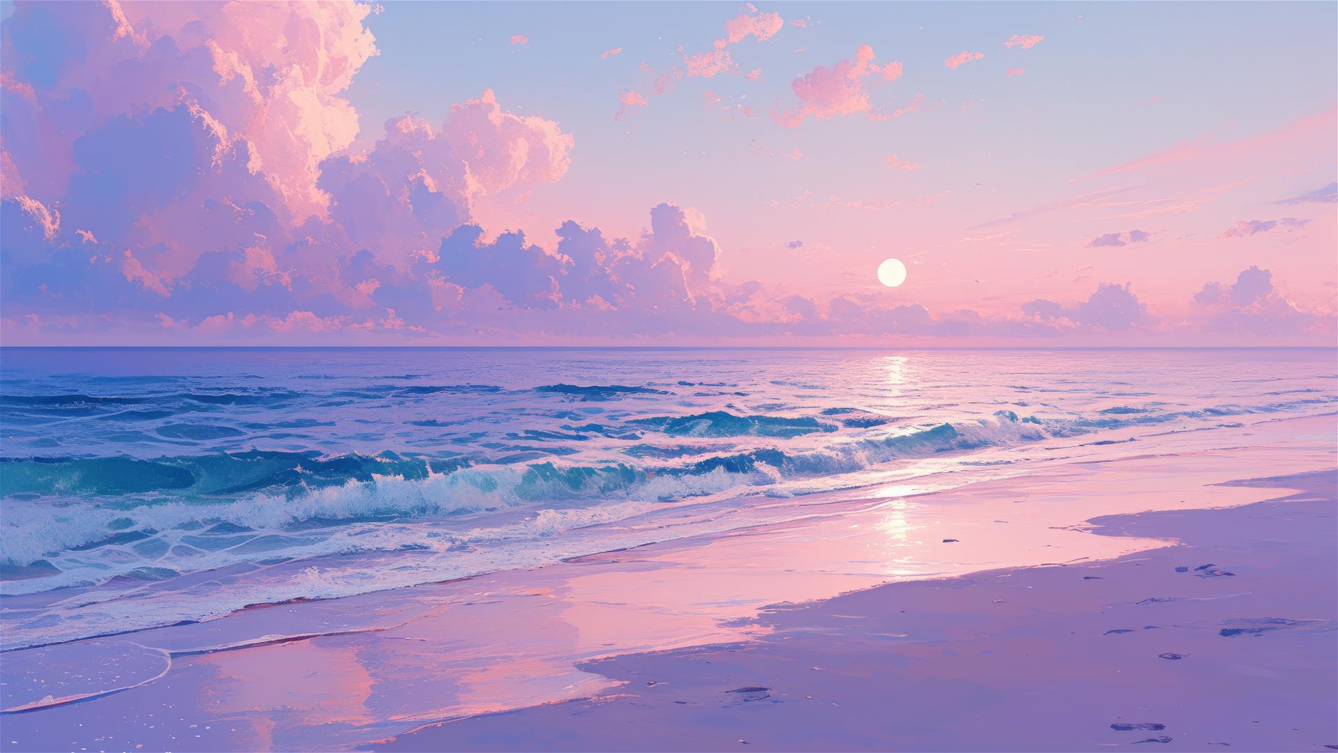 Dreamy beach at twilight with soft pink and purple sky reflecting moonlight