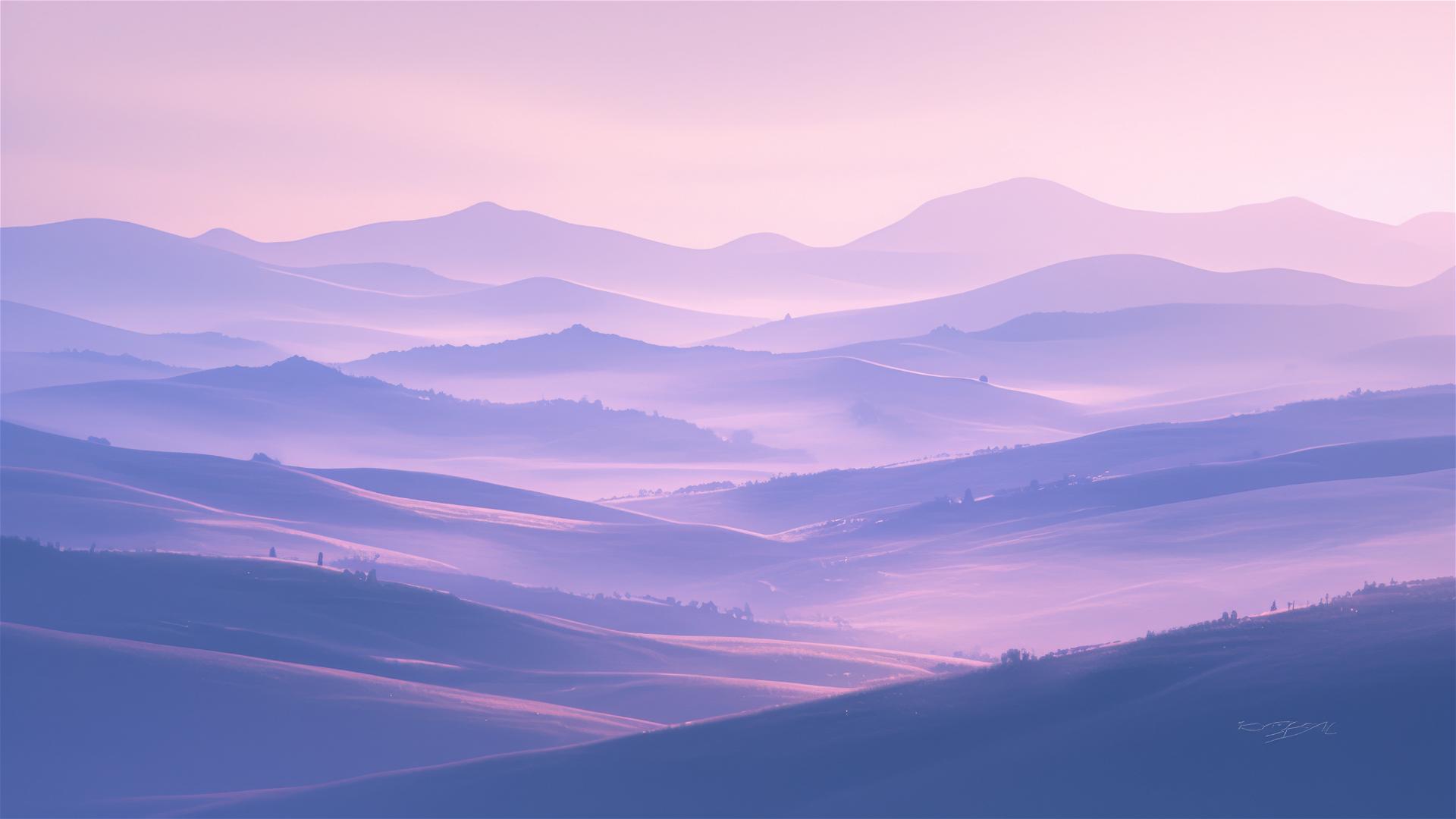 Misty hills with lavender and pink twilight sky