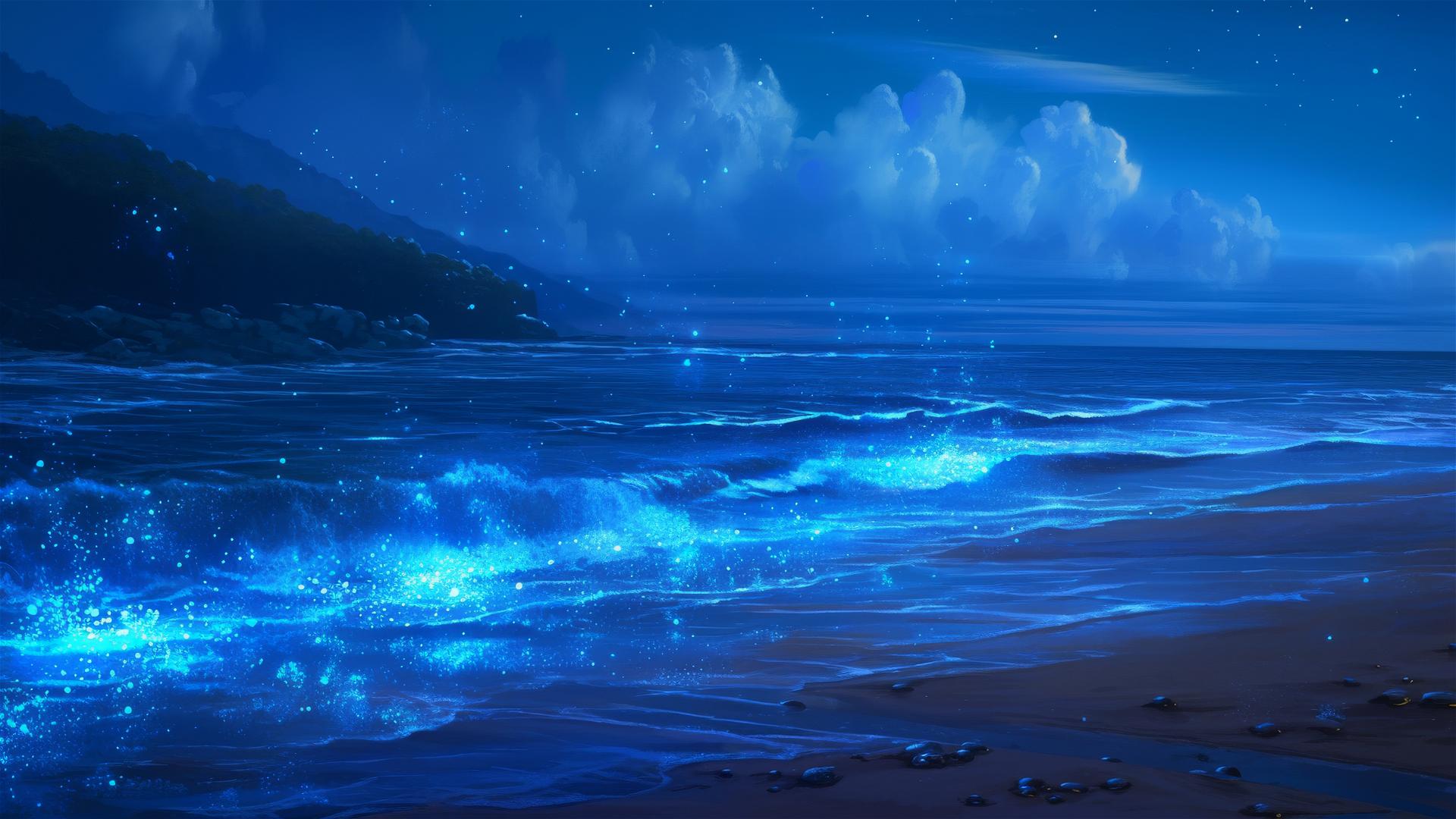 Seashore with glowing blue waves at night