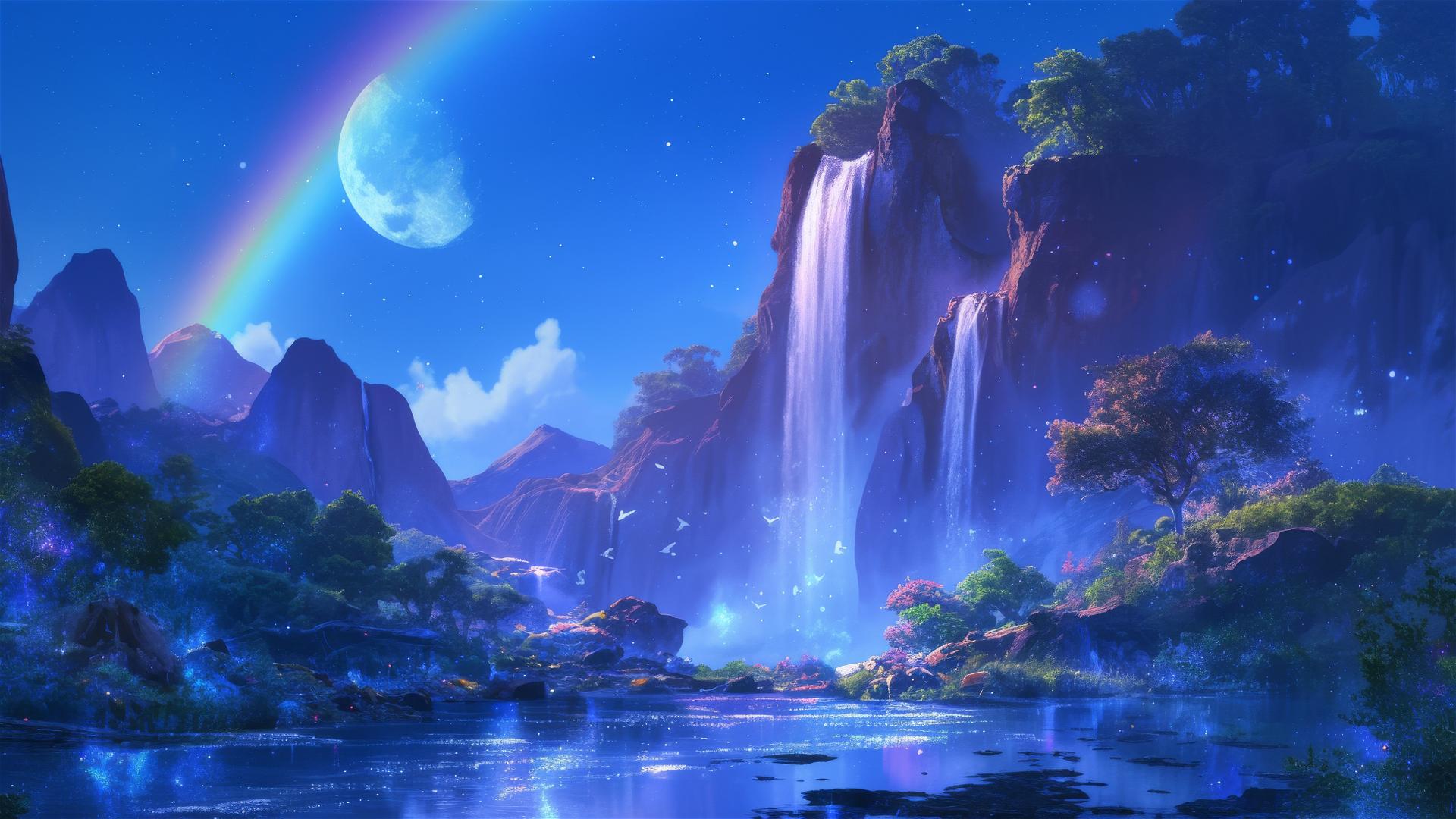 Lunar rainbow over a mystical nighttime waterfall