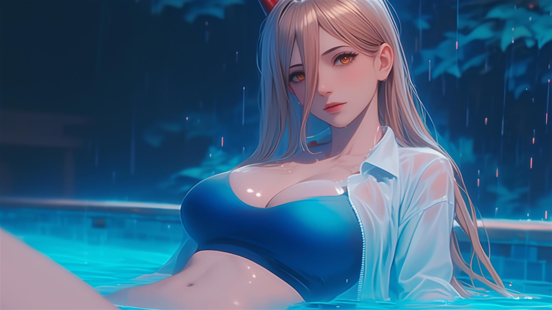 Power from Chainsaw Man resting at rainy swimming pool, focus on her thighs and yellow eyes, light red horns and blond hair