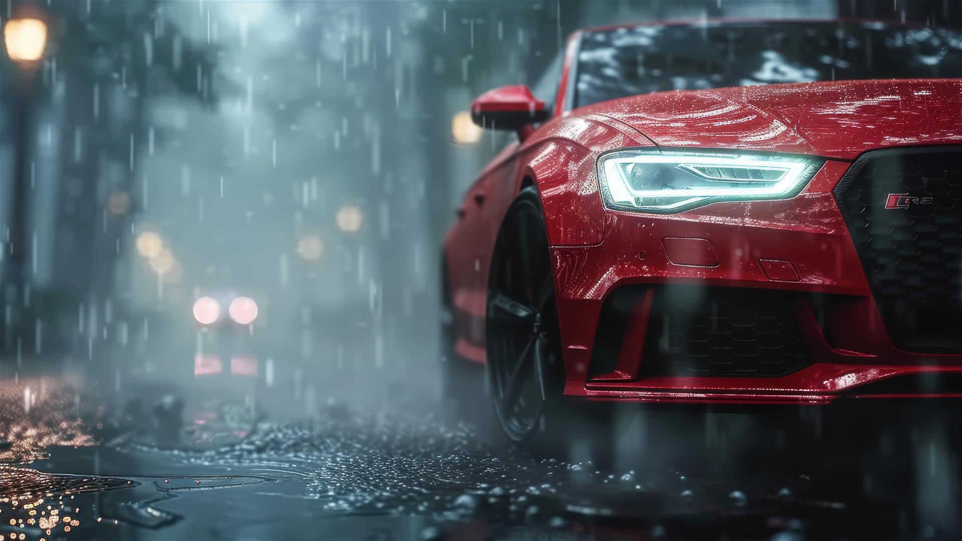 Close-up of Audi RS3 in dim, foggy lighting with a Gothic feel