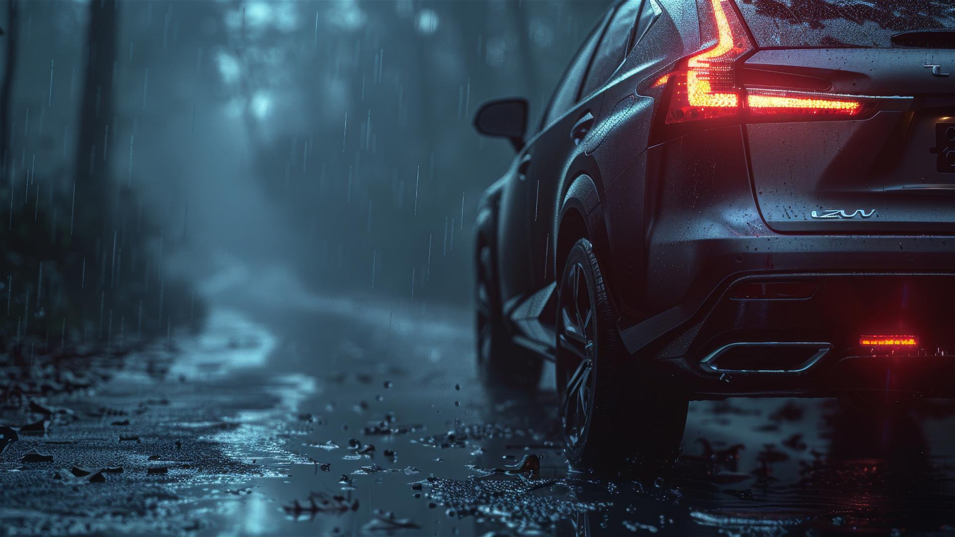Closeup of a Lexus NX in dim, foggy, gothic setting