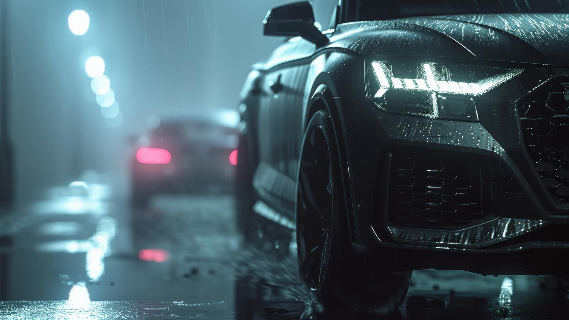Close-up of Audi Q5 in dim, foggy, Gothic-style setting