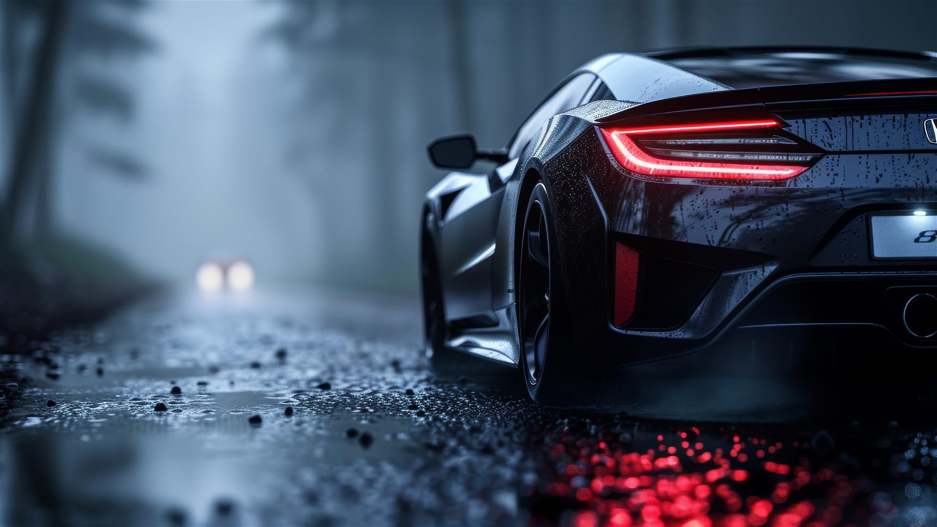 Closeup of a Honda NSX in dim, foggy, gothic setting