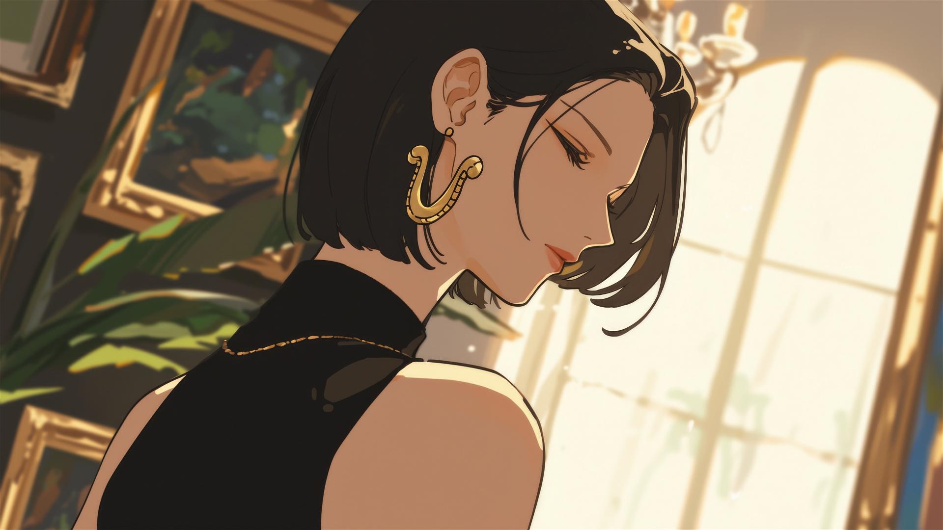 Boa Hancock from One Piece wandering in art gallery under soft lights