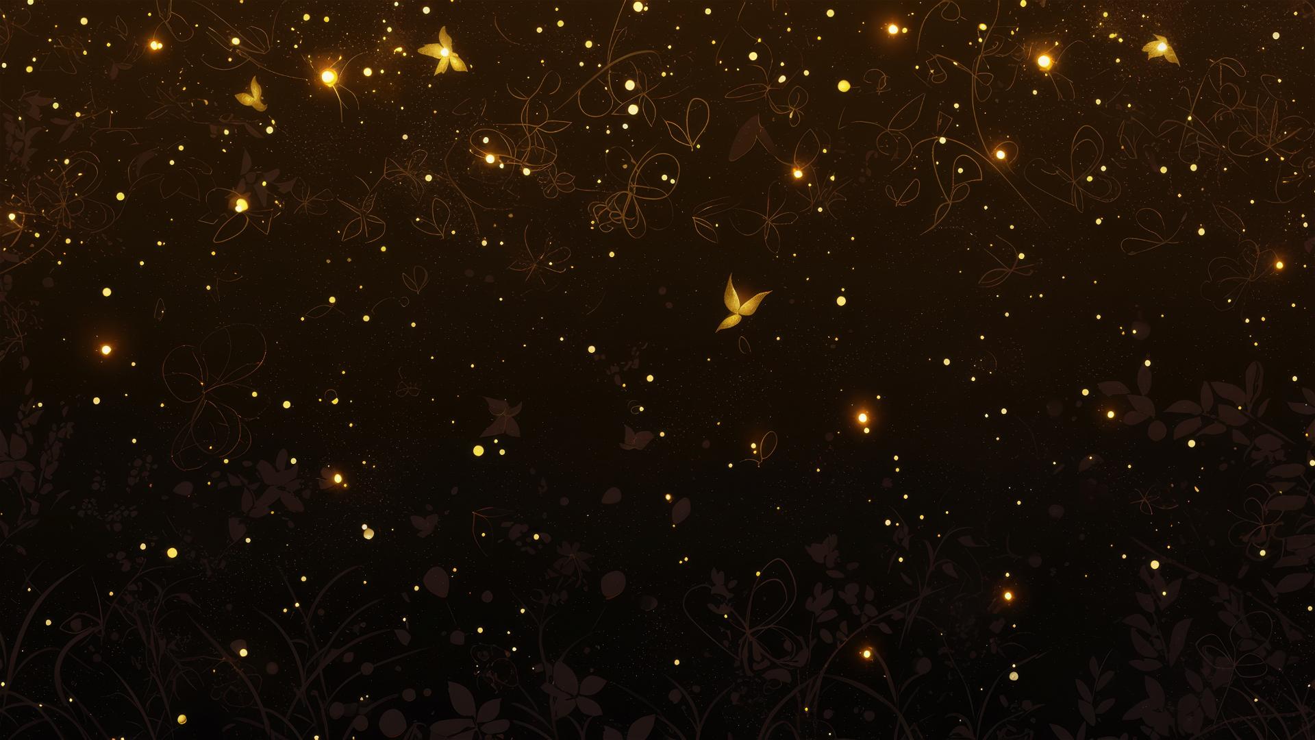 Glowing fireflies on pure black background