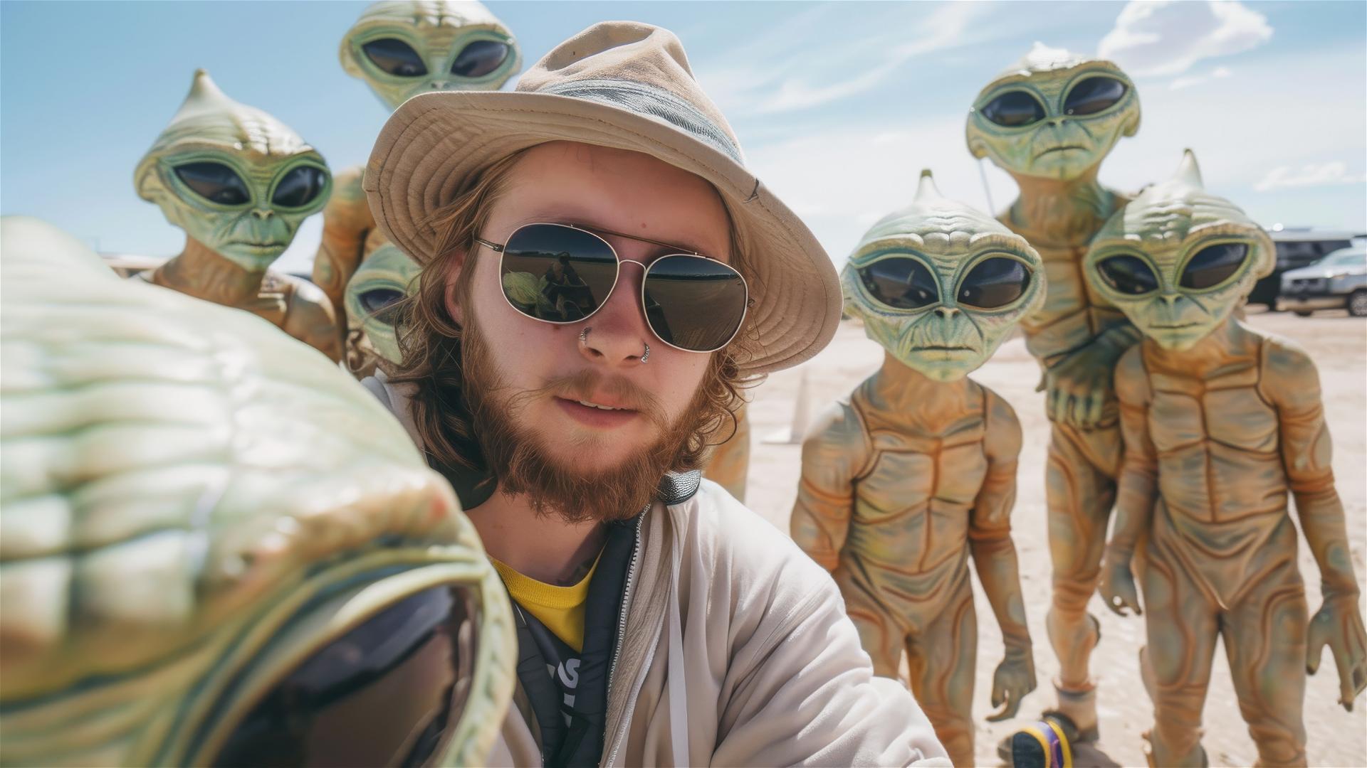 One person taking a selfie with green aliens
