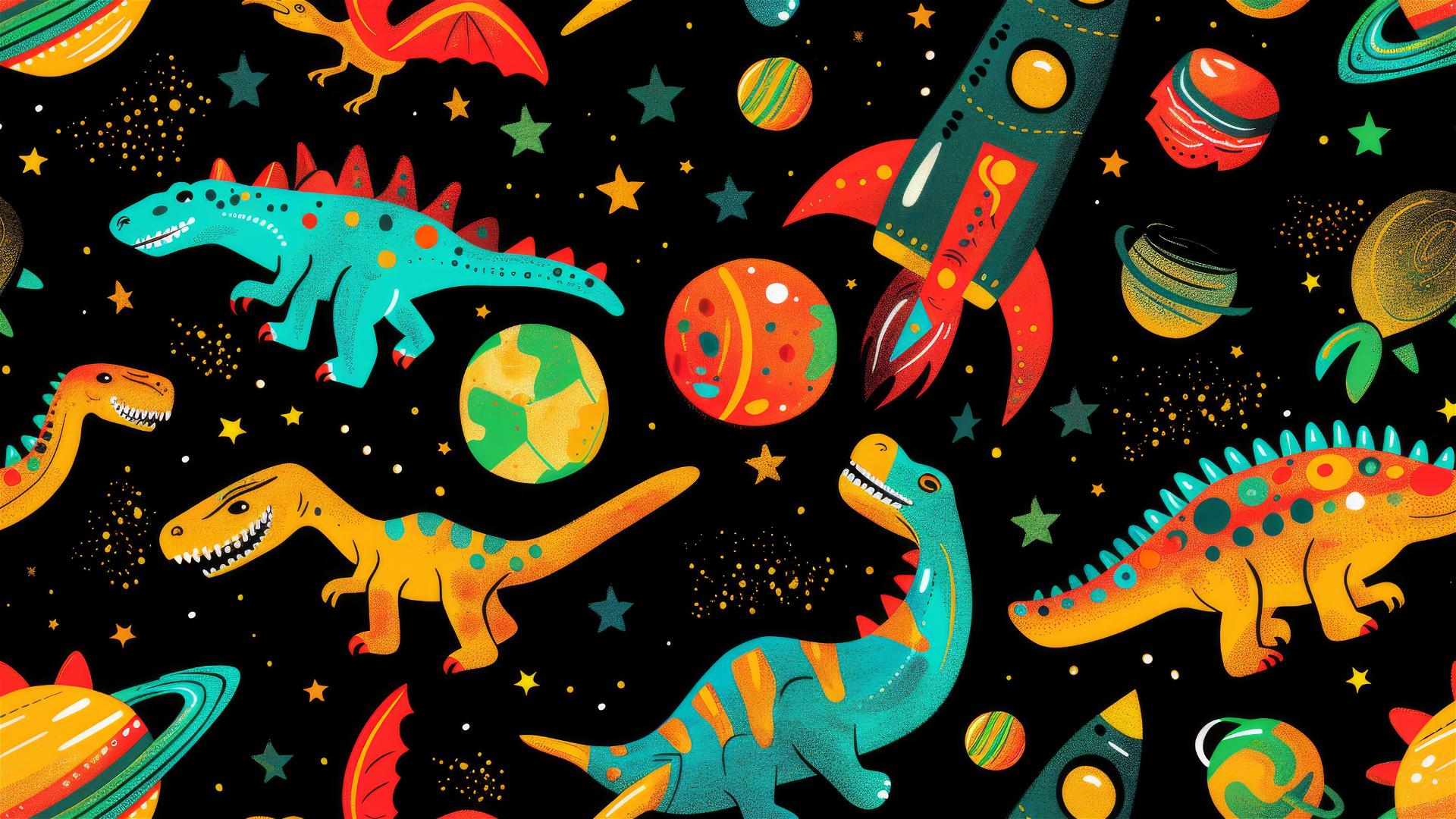 Colorful space dinosaurs and rocket ships on a black background
