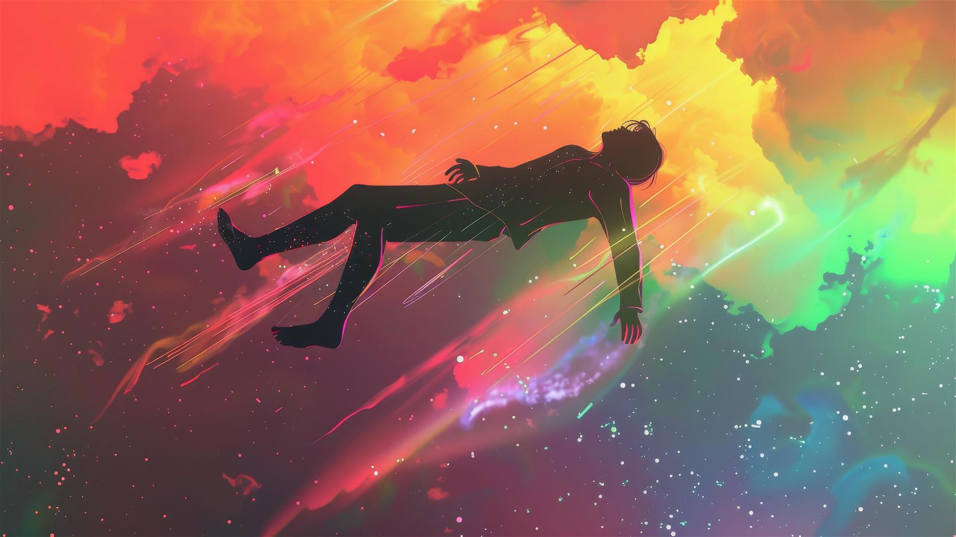 A neon rainbow-colored man floating in space, in a detailed psychedelic style.