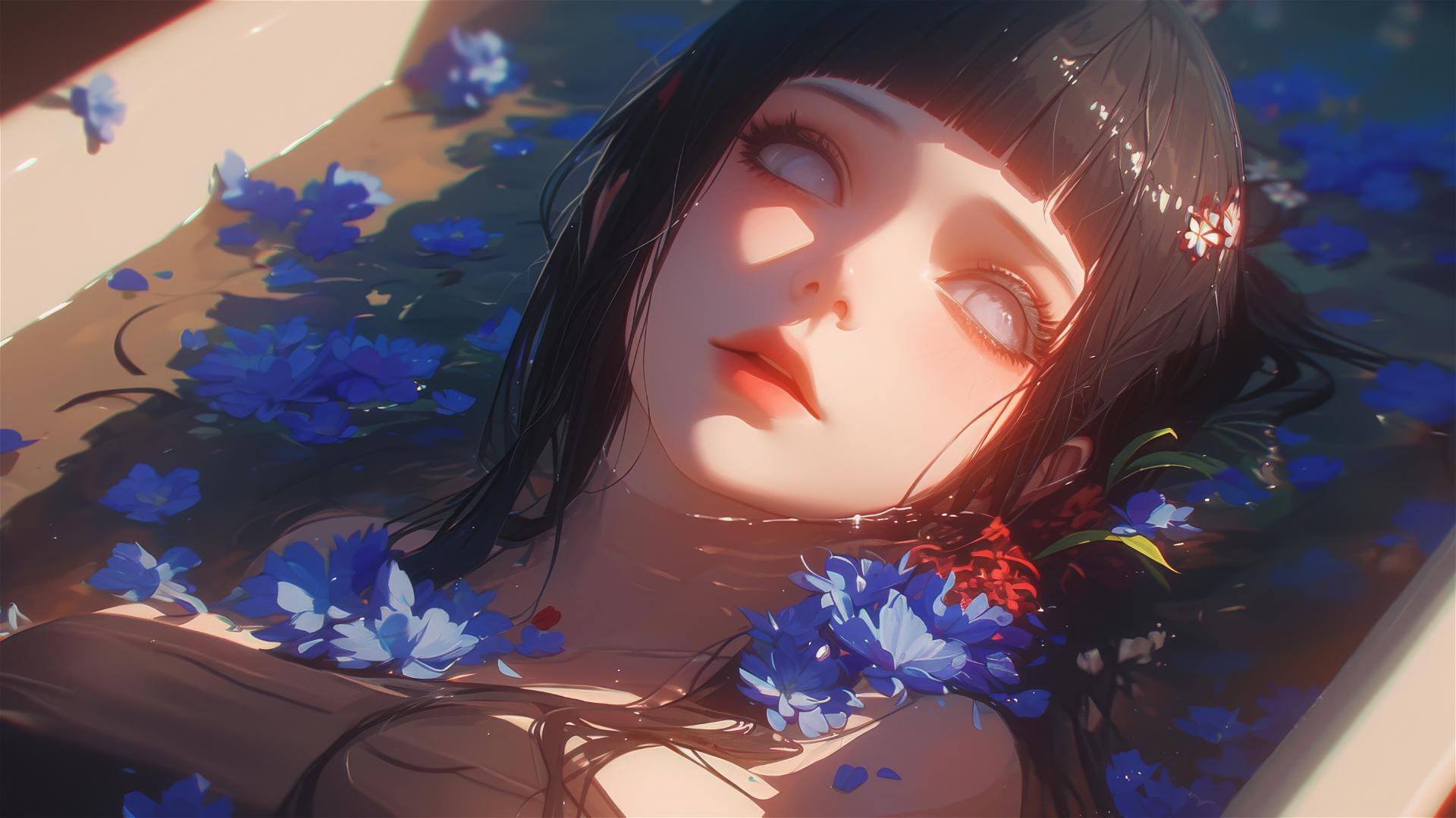 Hinata Hyuga in flower-filled tub at Chinese spa with white eyes