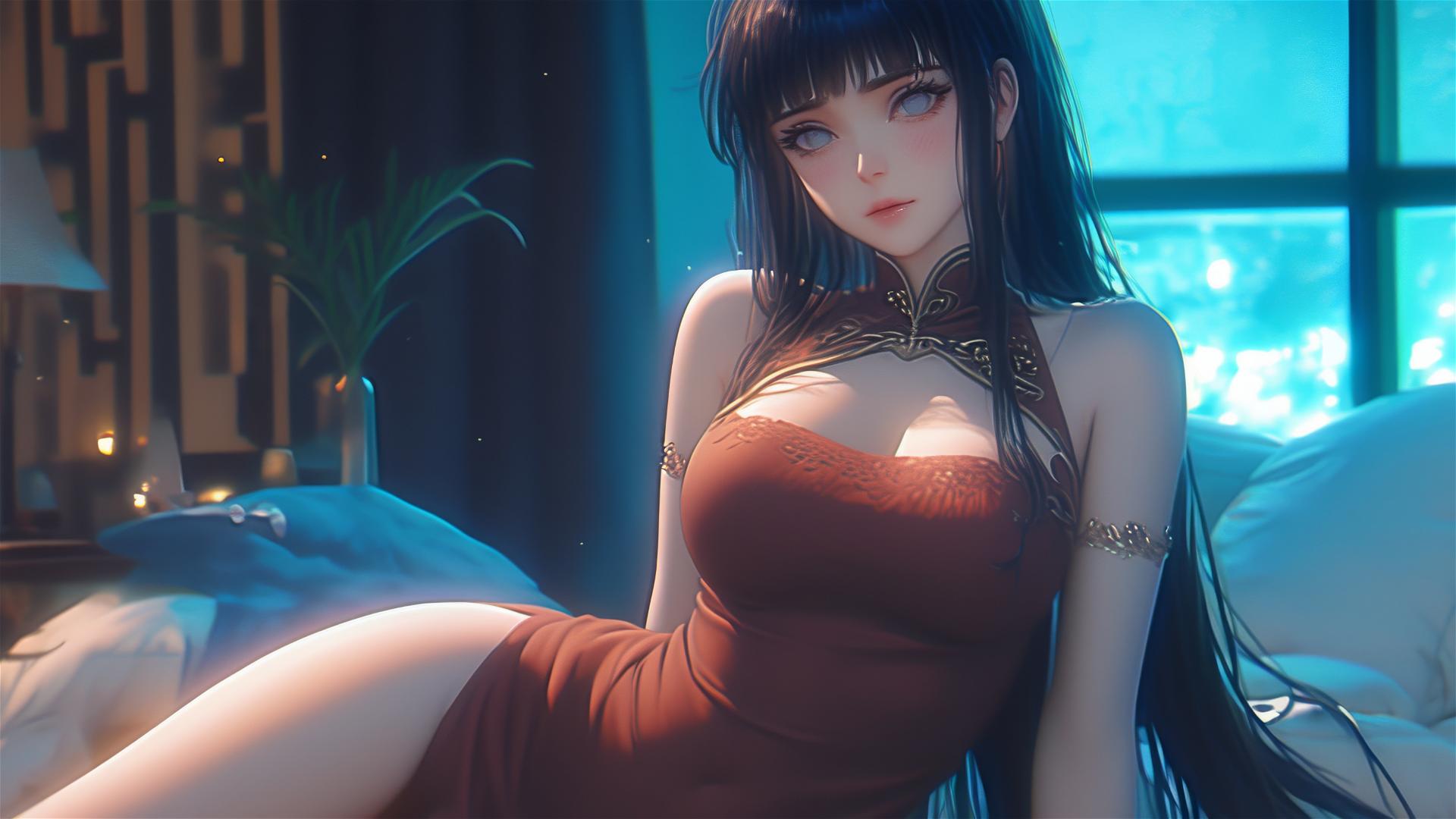 Hinata Hyuga from Naruto sitting in a modern apartment with warm lighting