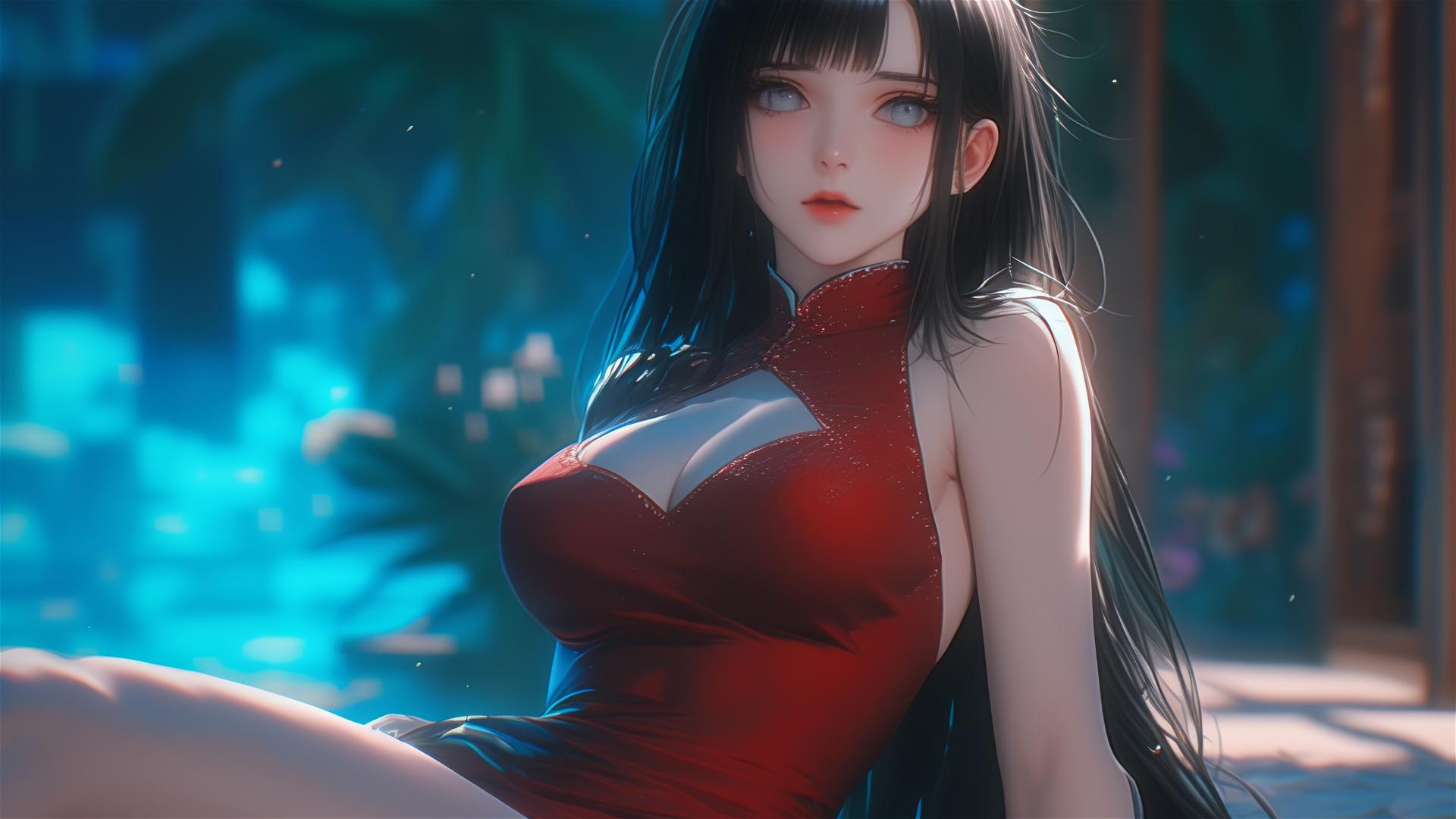 Hinata Hyuga sitting in a modern hotel, illuminated by warm light.