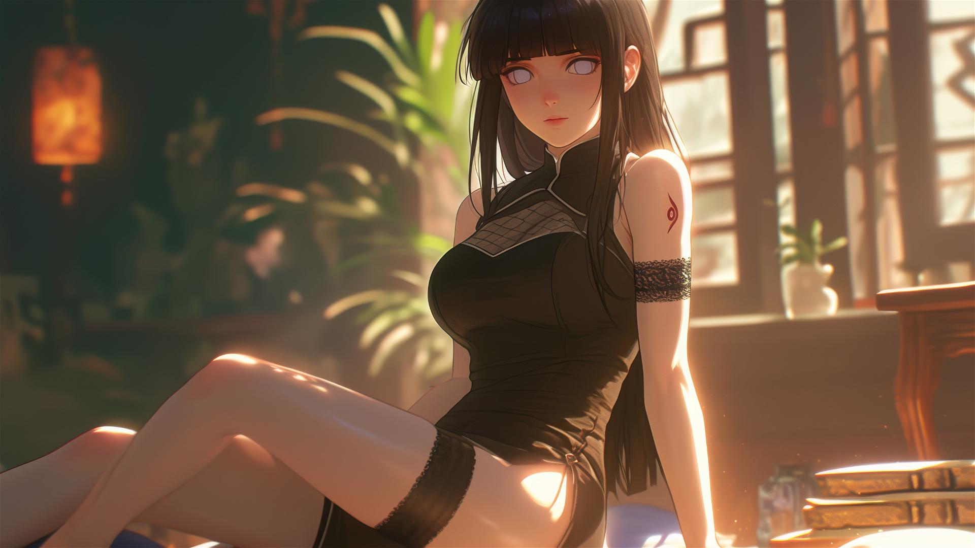 Hinata Hyuga from Naruto sitting in a modern hotel with warm light glow