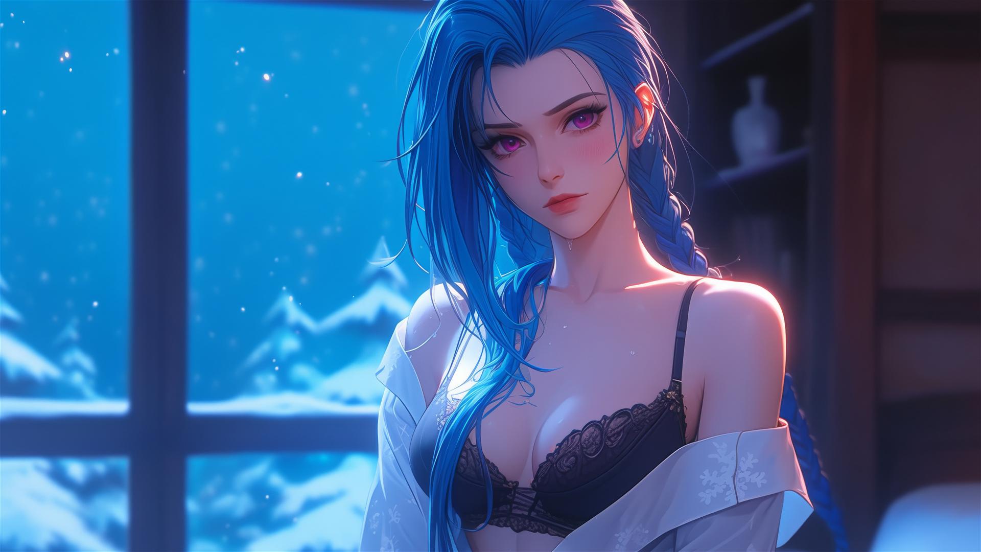 Jinx from League of Legends standing in an apartment, moonlight glow, pink eyes, blue hair, silk pajamas.