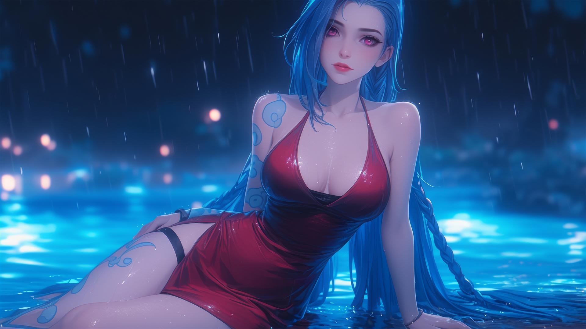 Jinx from League of Legends resting at a rainy pool under moonlight