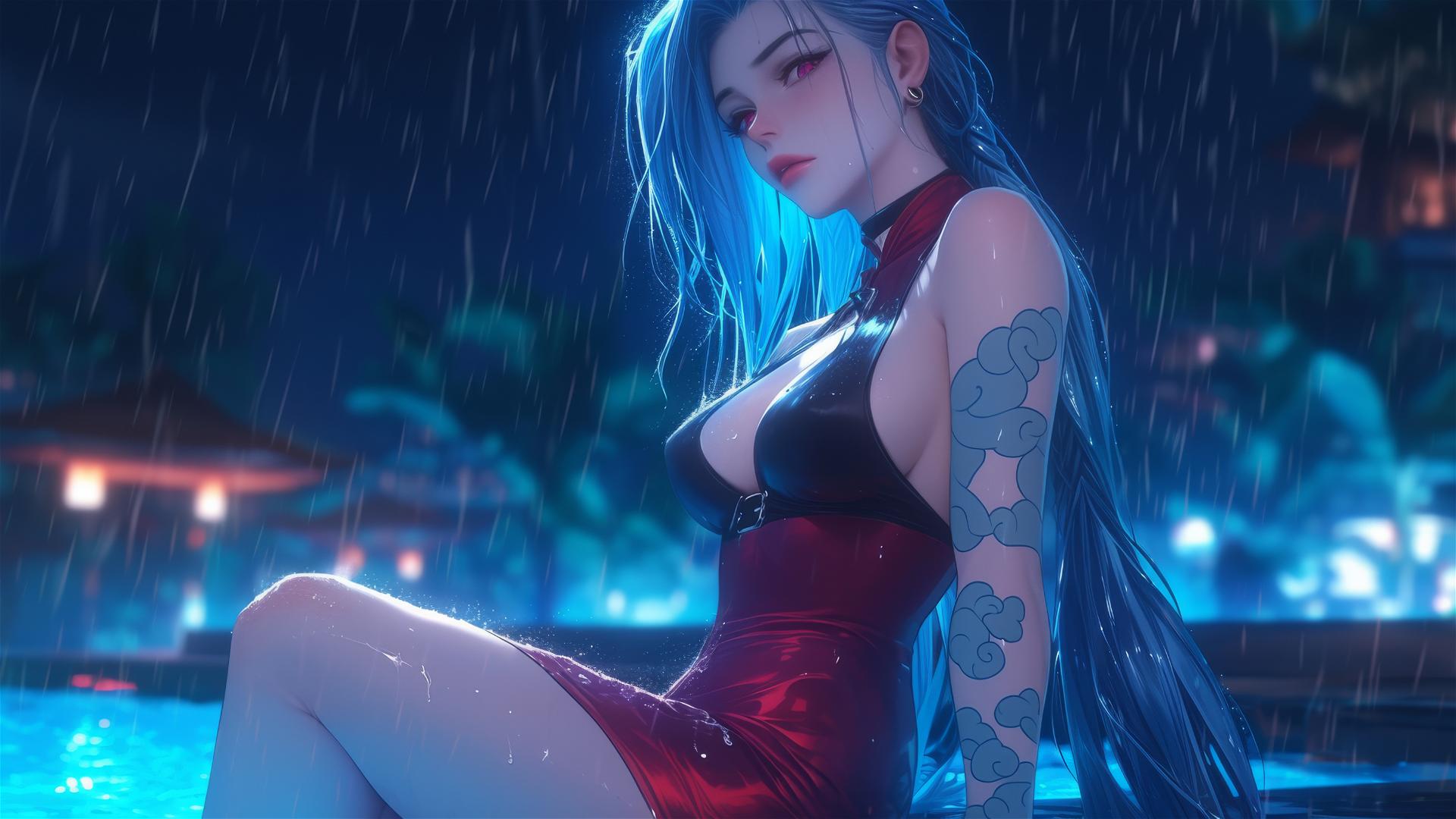 Jinx from League of Legends resting by a rainy swimming pool under moonlight