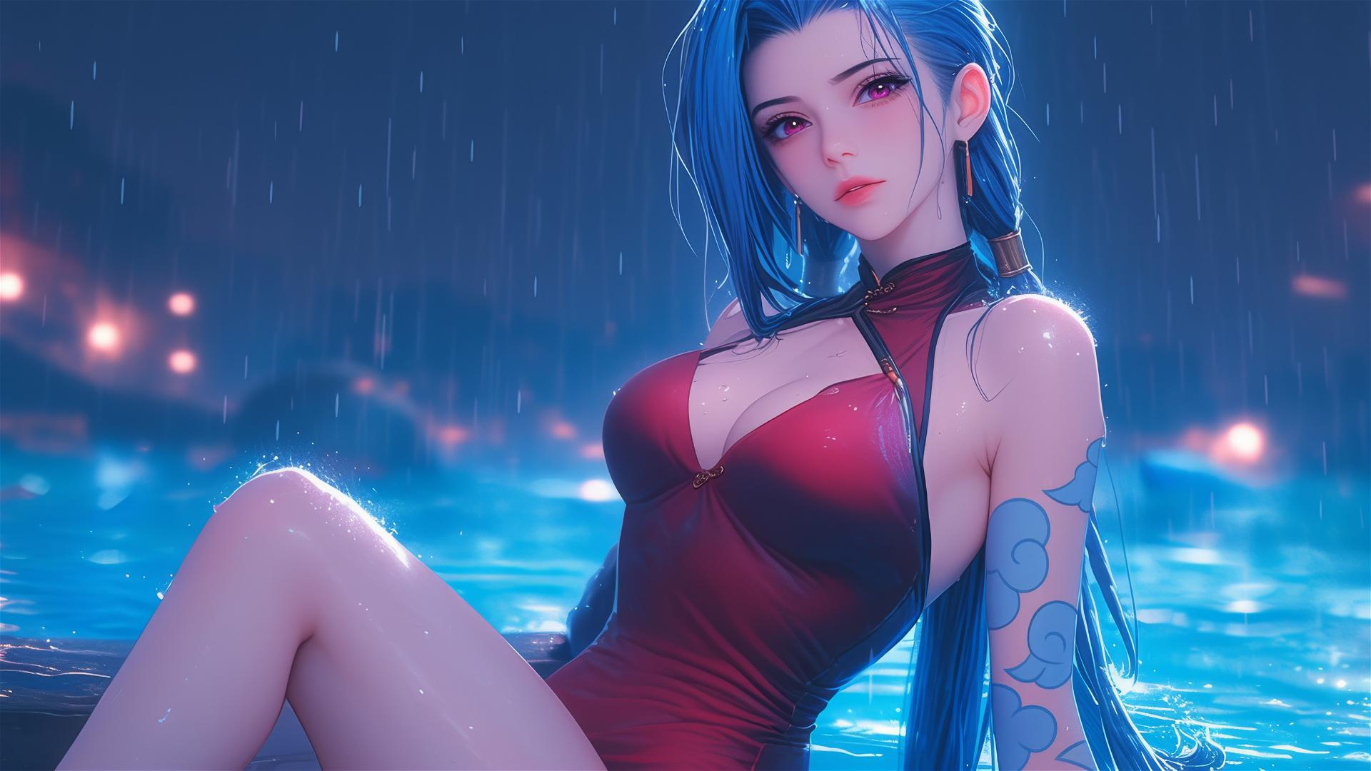 Jinx from League of Legends resting by a rainy pool under moonlight