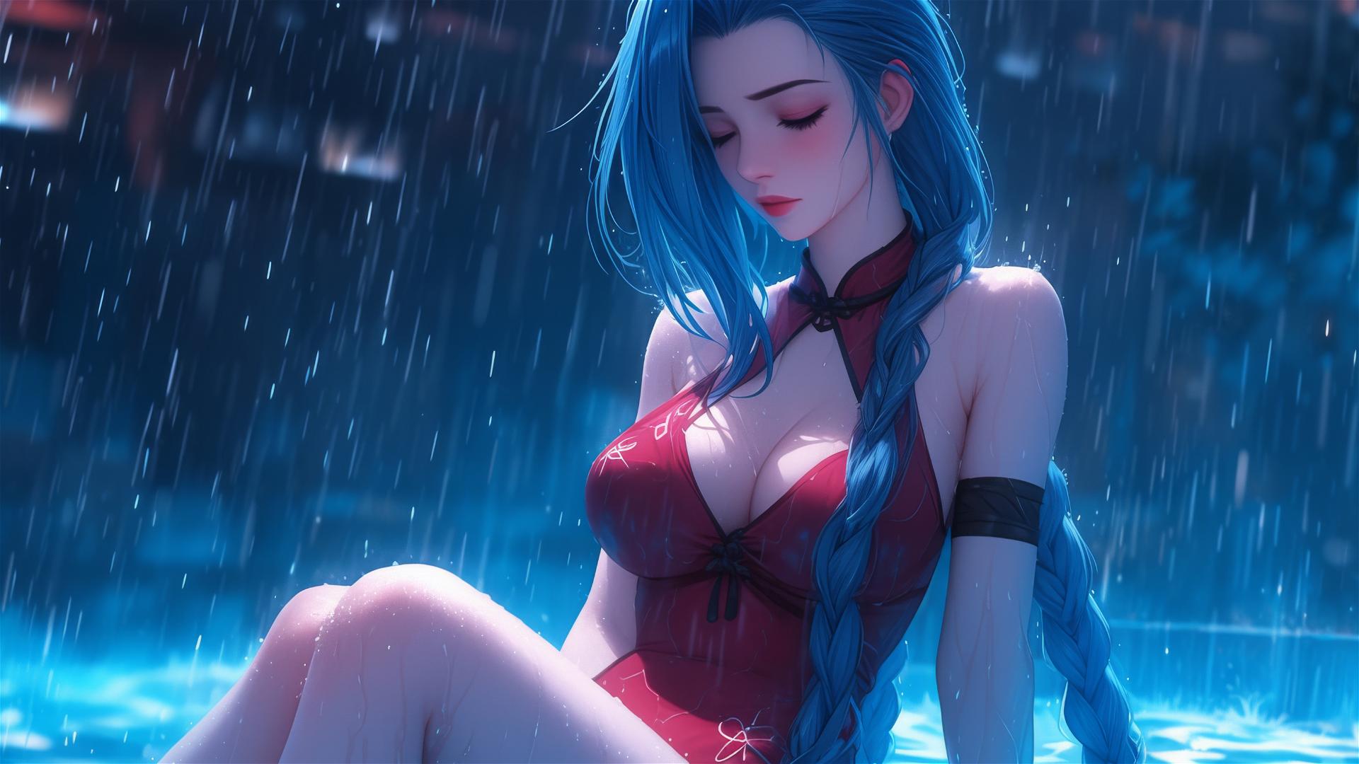 Jinx from League of Legends resting by a rainy pool under moonlight, pink eyes, red dress, blue hair