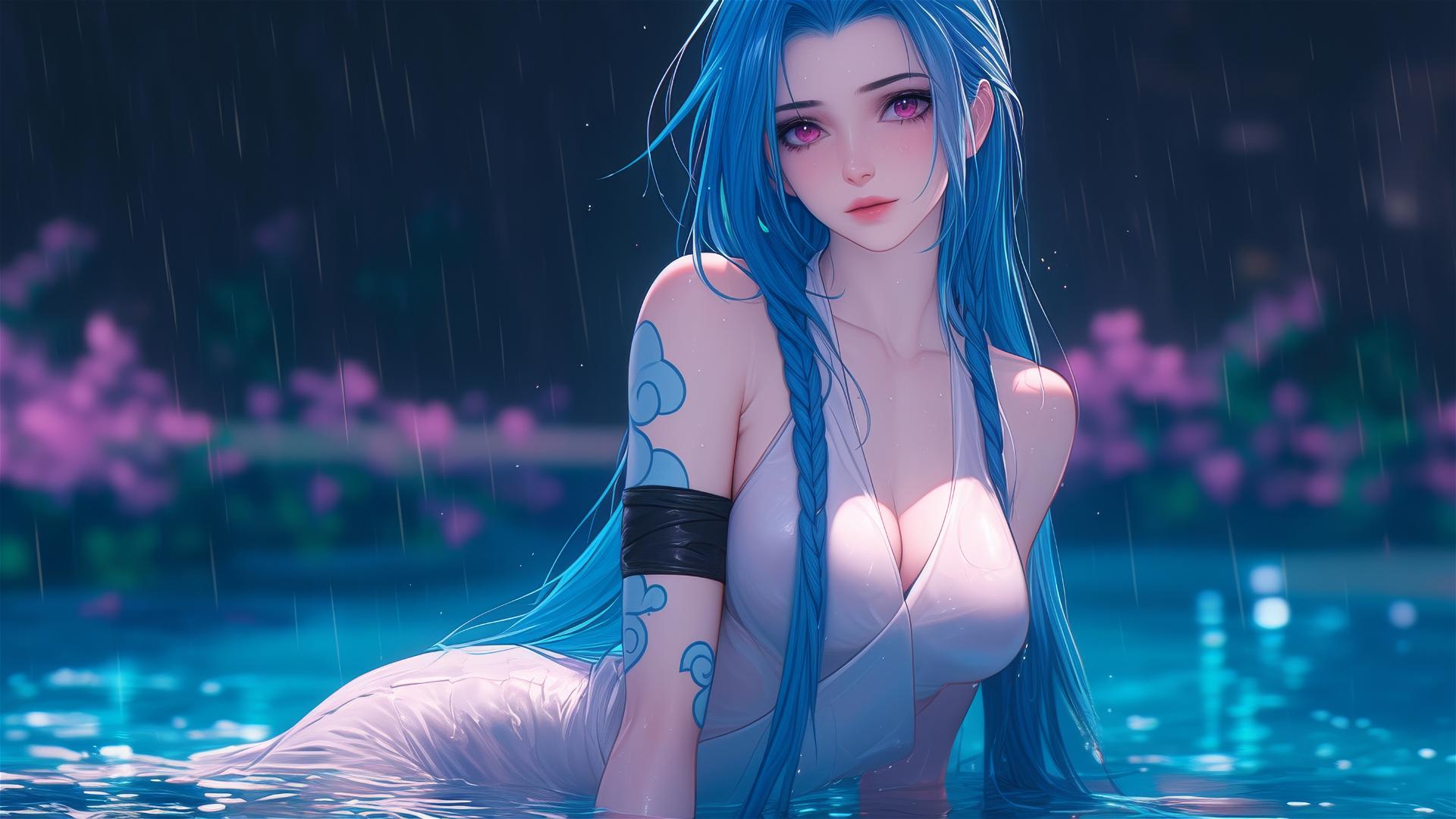 Jinx from League of Legends resting by a rainy pool under moonlight